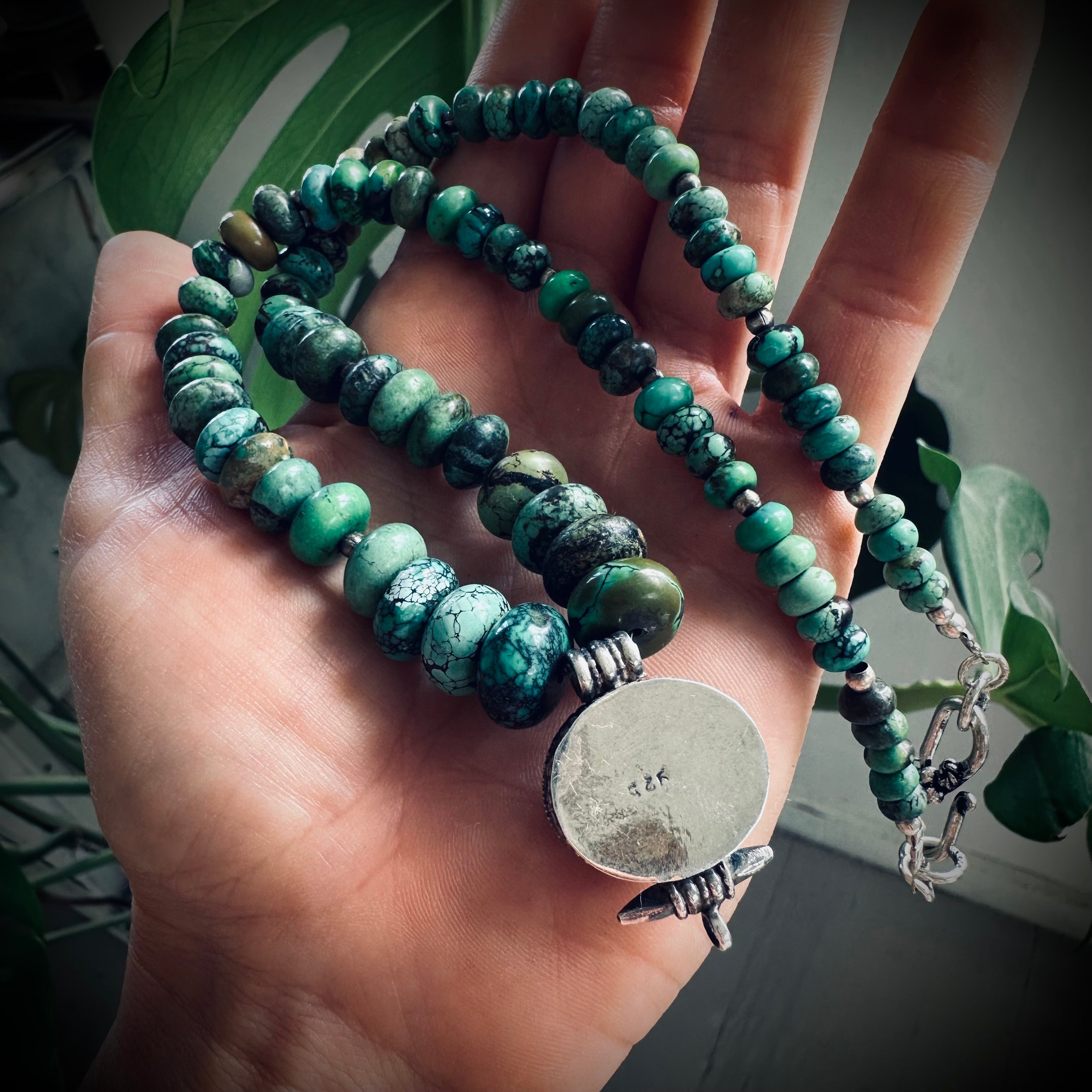 18” vintage chunky turquoise bead necklace with prayer box in sterling silver