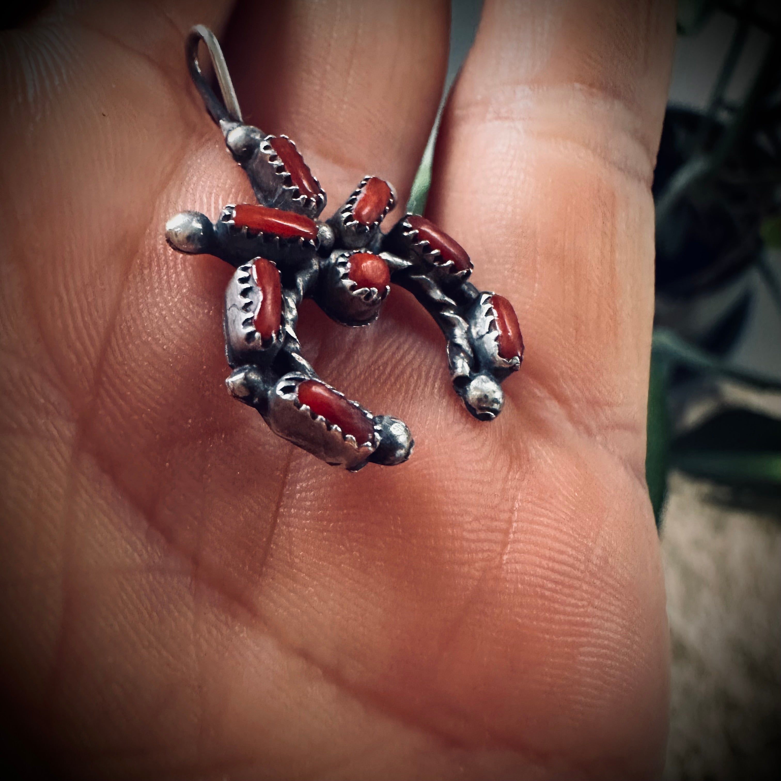 Mini Native American red coral naja pendant in sterling silver (teeth missing on a small part of the setting)