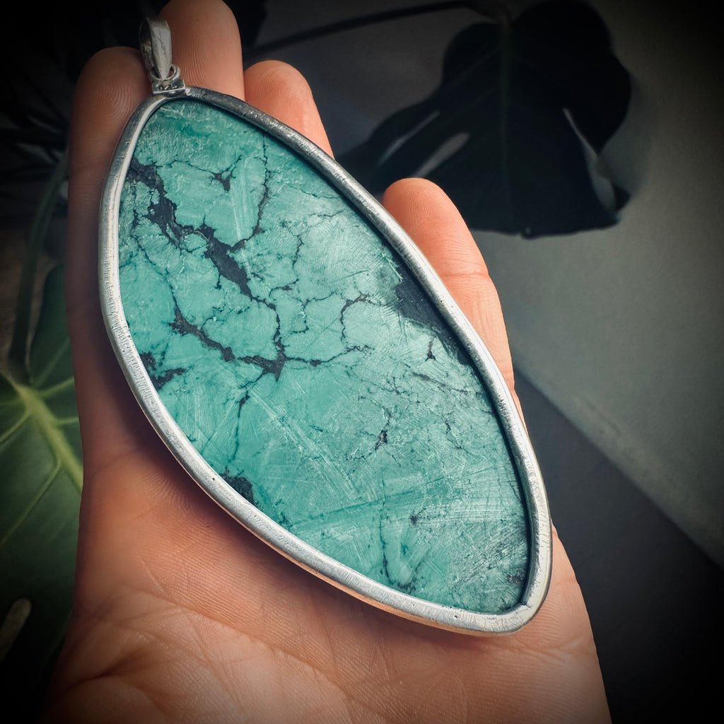 XL vintage freeform turquoise slab pendant in open backed sterling silver setting