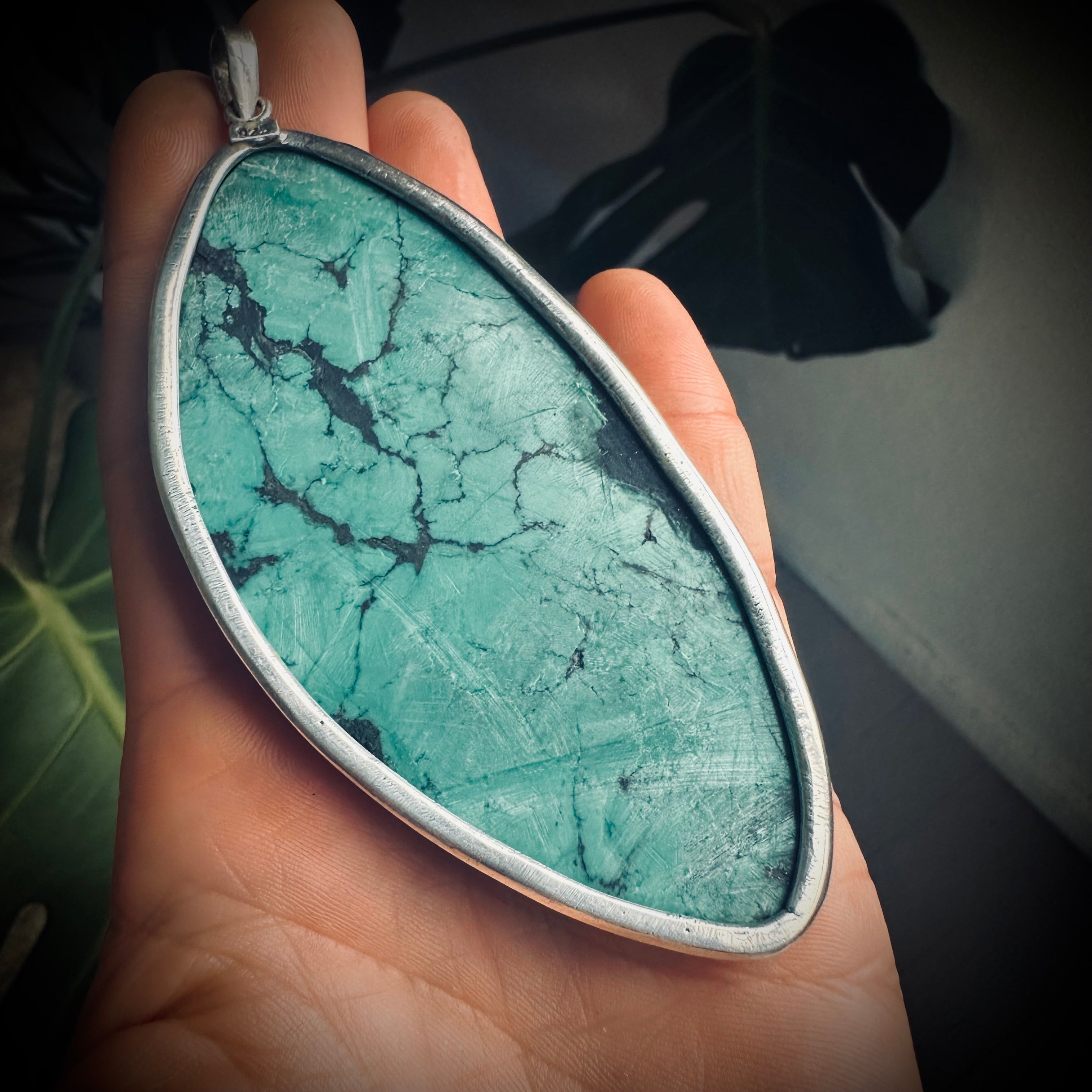 XL vintage freeform turquoise slab pendant in open backed sterling silver setting