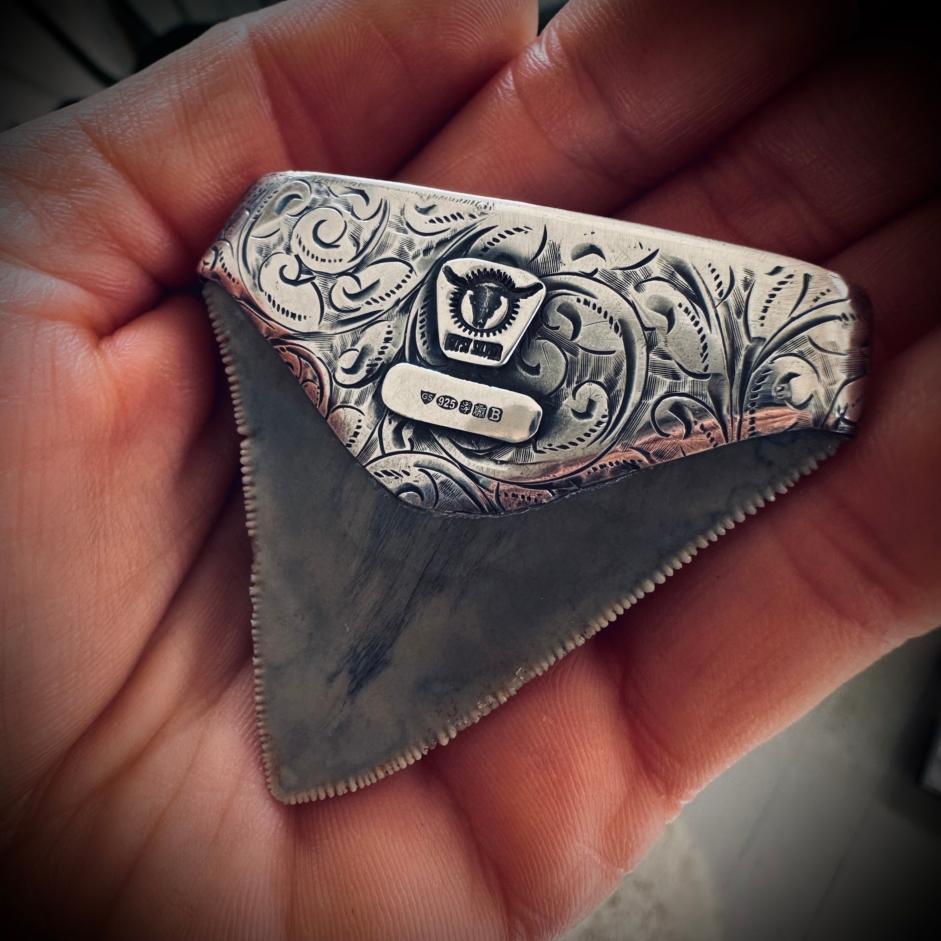 Sterling silver hallmarked fossil shark tooth pendant with turquoise