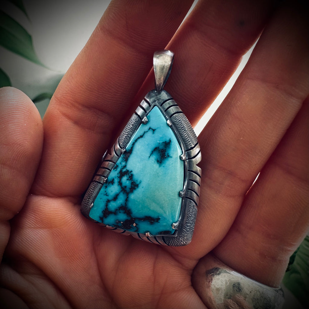 Chunky vintage Native American turquoise pendant in sterling silver