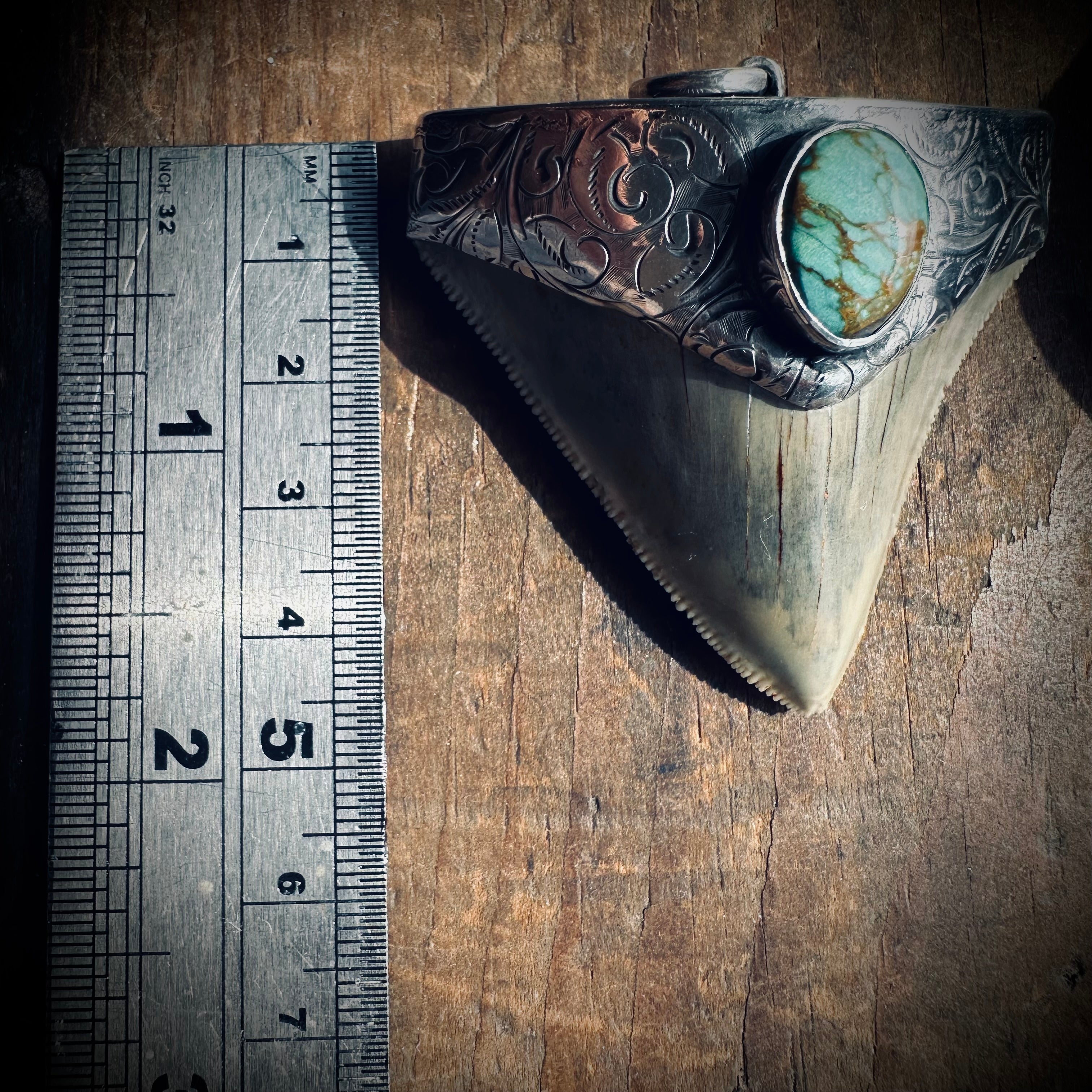 Sterling silver hallmarked fossil shark tooth pendant with turquoise