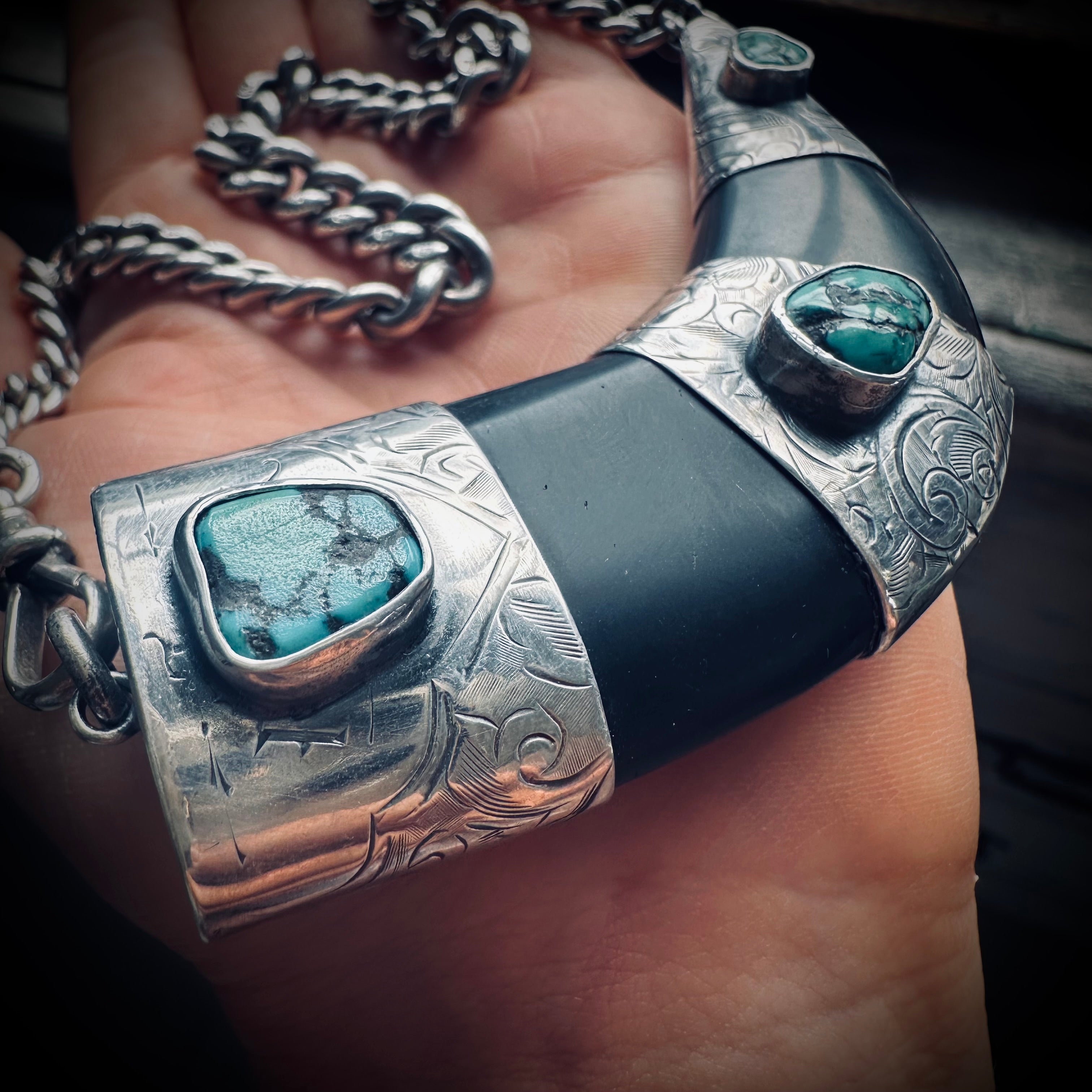 Sterling silver hallmarked black horn style necklace with reclaimed nugget turquoise and antique heavy albert chain - 17 1/2” total length