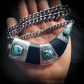 Sterling silver hallmarked black horn style necklace with reclaimed nugget turquoise and antique heavy albert chain - 17 1/2” total length