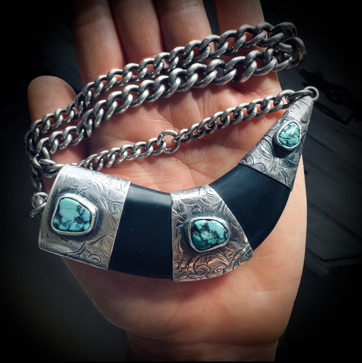 Sterling silver hallmarked black horn style necklace with reclaimed nugget turquoise and antique heavy albert chain - 17 1/2” total length