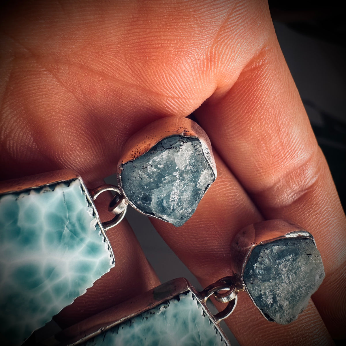 Vintage aquamarine and larimer statement earrings in sterling silver, 15g each