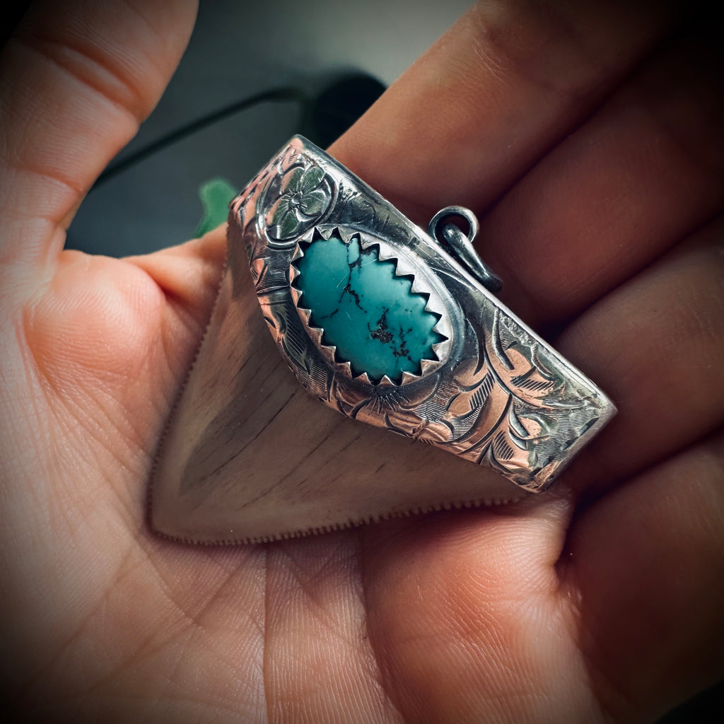 Large fossilised shark tooth pendant in hallmarked sterling silver with turquoise