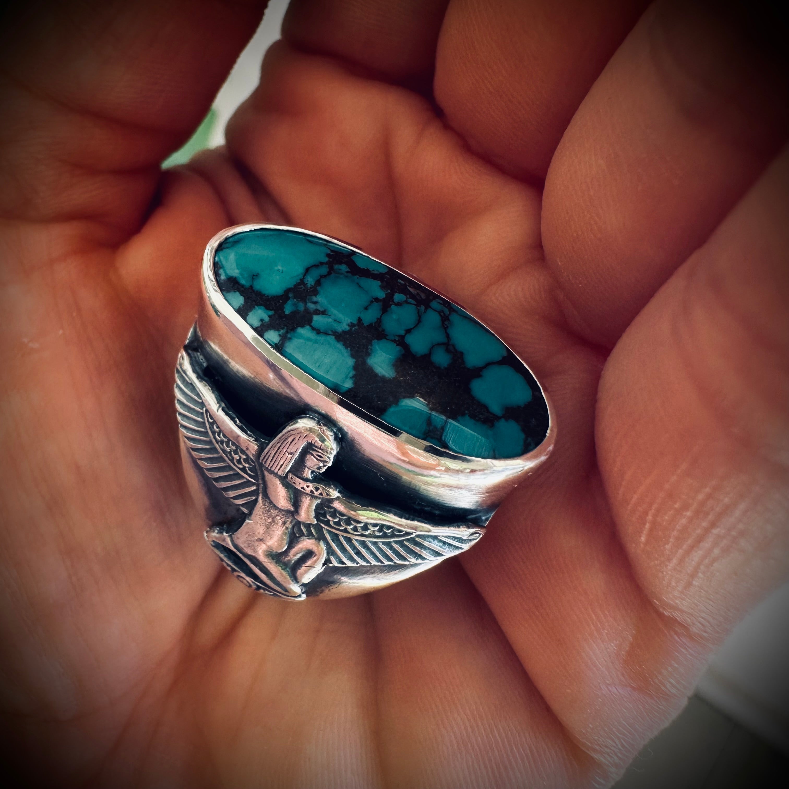 Size 8.5 (Q 1/2) Sterling silver hallmarked turquoise winged Isis ring