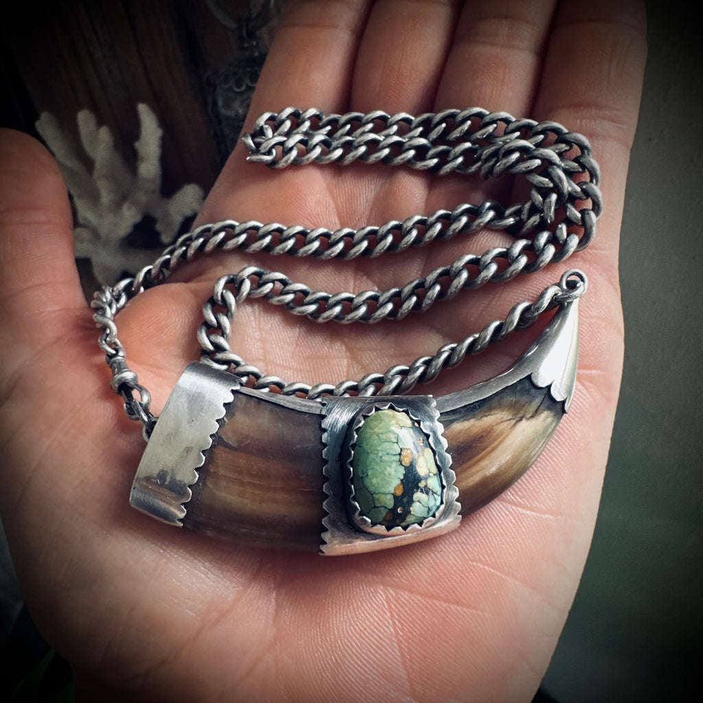 2.5” horn with turquoise on 14” antique sterling silver chain