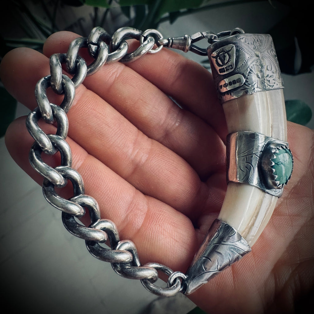 8”” reworked vintage tusk bracelet in hallmarked engraved sterling silver with turquoise