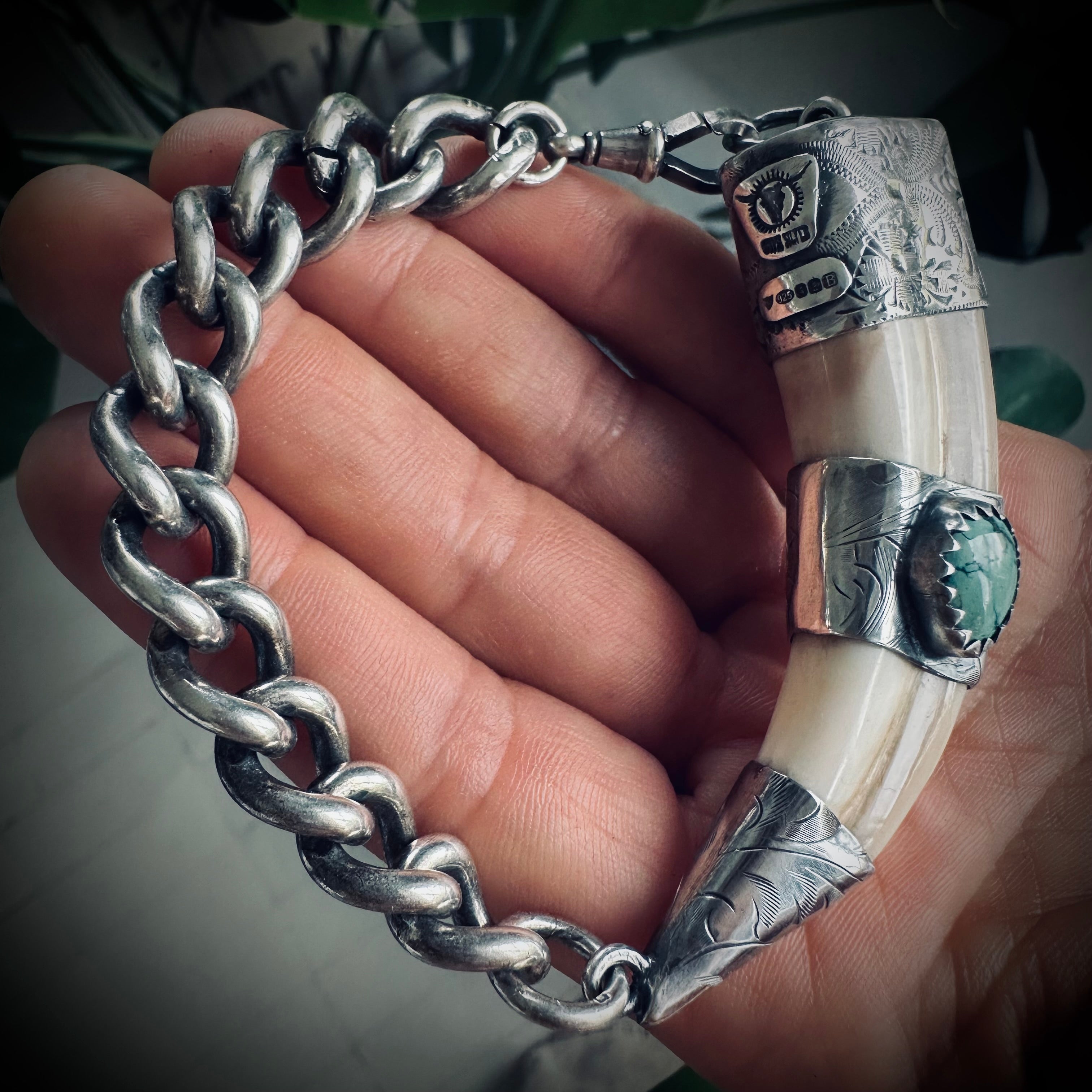 8”” reworked vintage tusk bracelet in hallmarked engraved sterling silver with turquoise