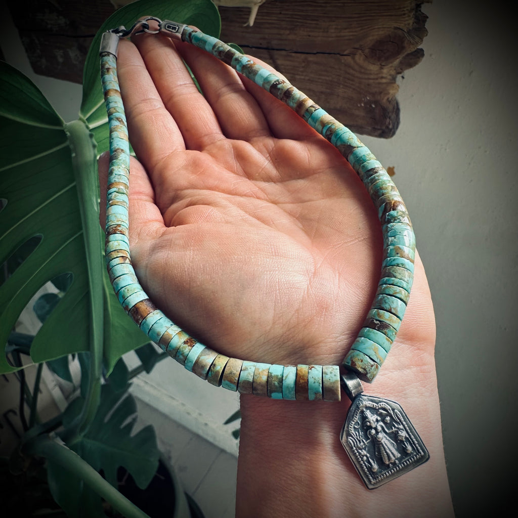 15” reworked chunky turquoise bead necklace with spiritual talisman in sterling silver