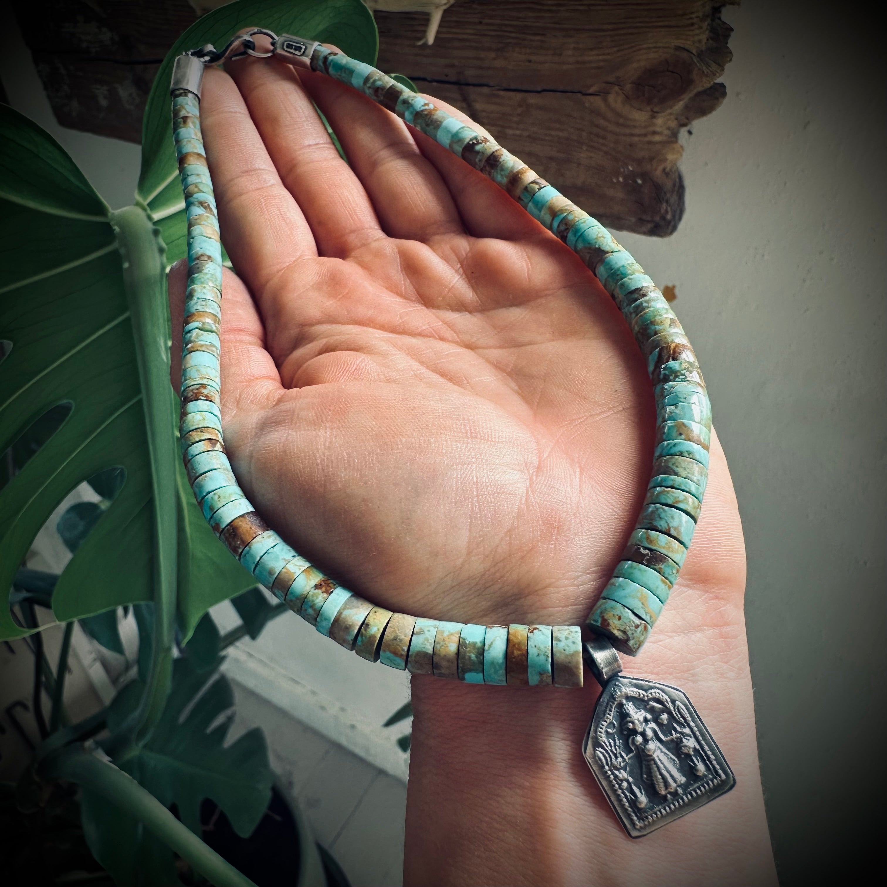 15” reworked chunky turquoise bead necklace with spiritual talisman in sterling silver