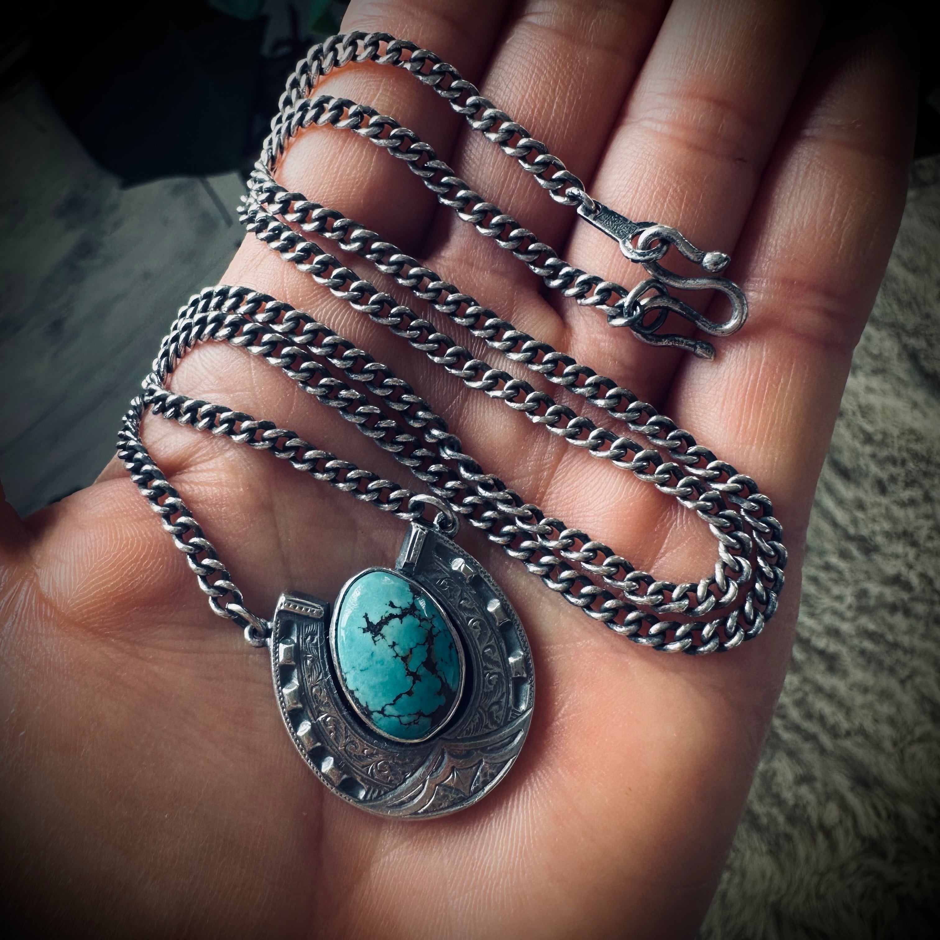 Sterling silver hallmarked lucky horseshoe necklace with turquoise and 20” chain