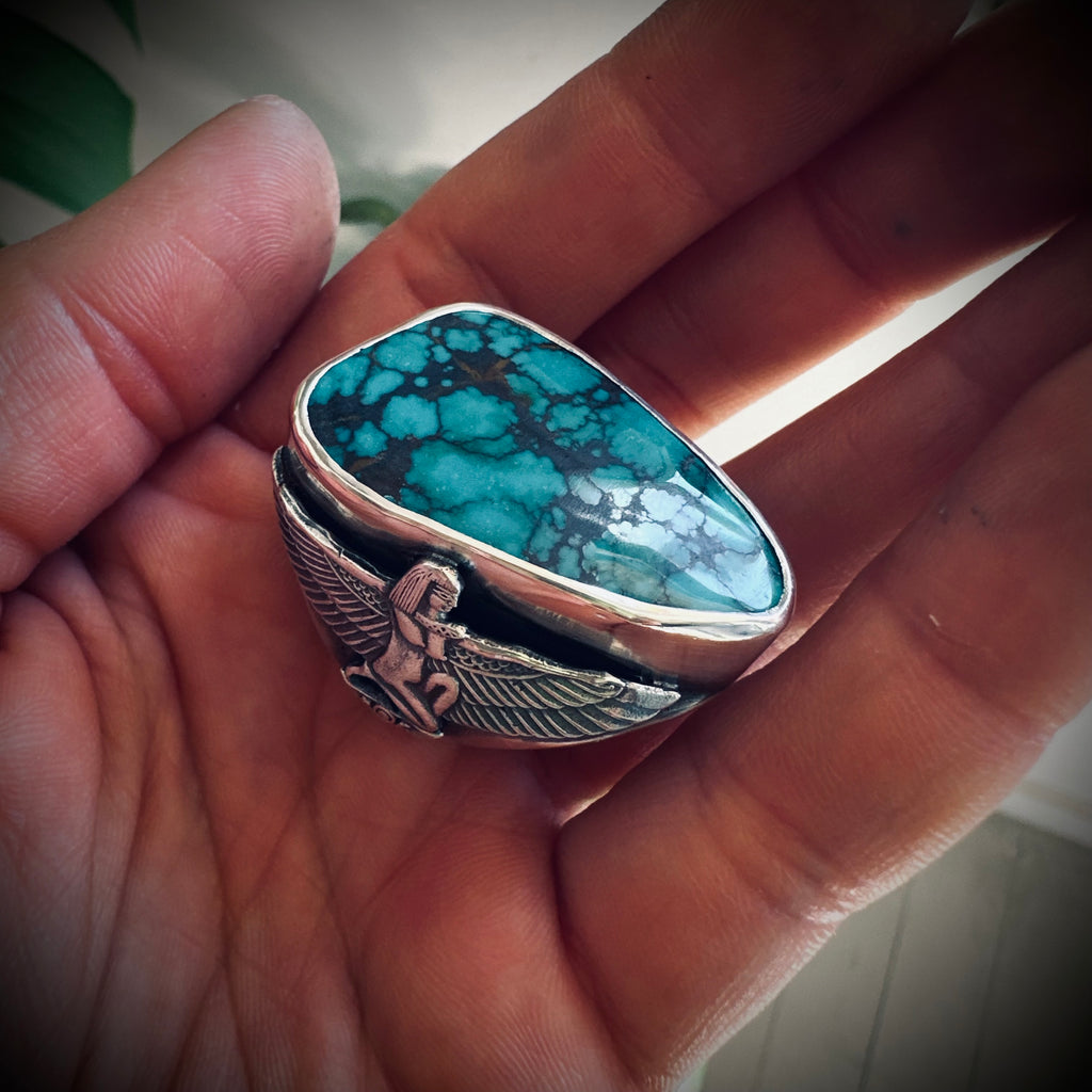 Size 9 (R 1/2) Sterling silver hallmarked turquoise winged Isis ring