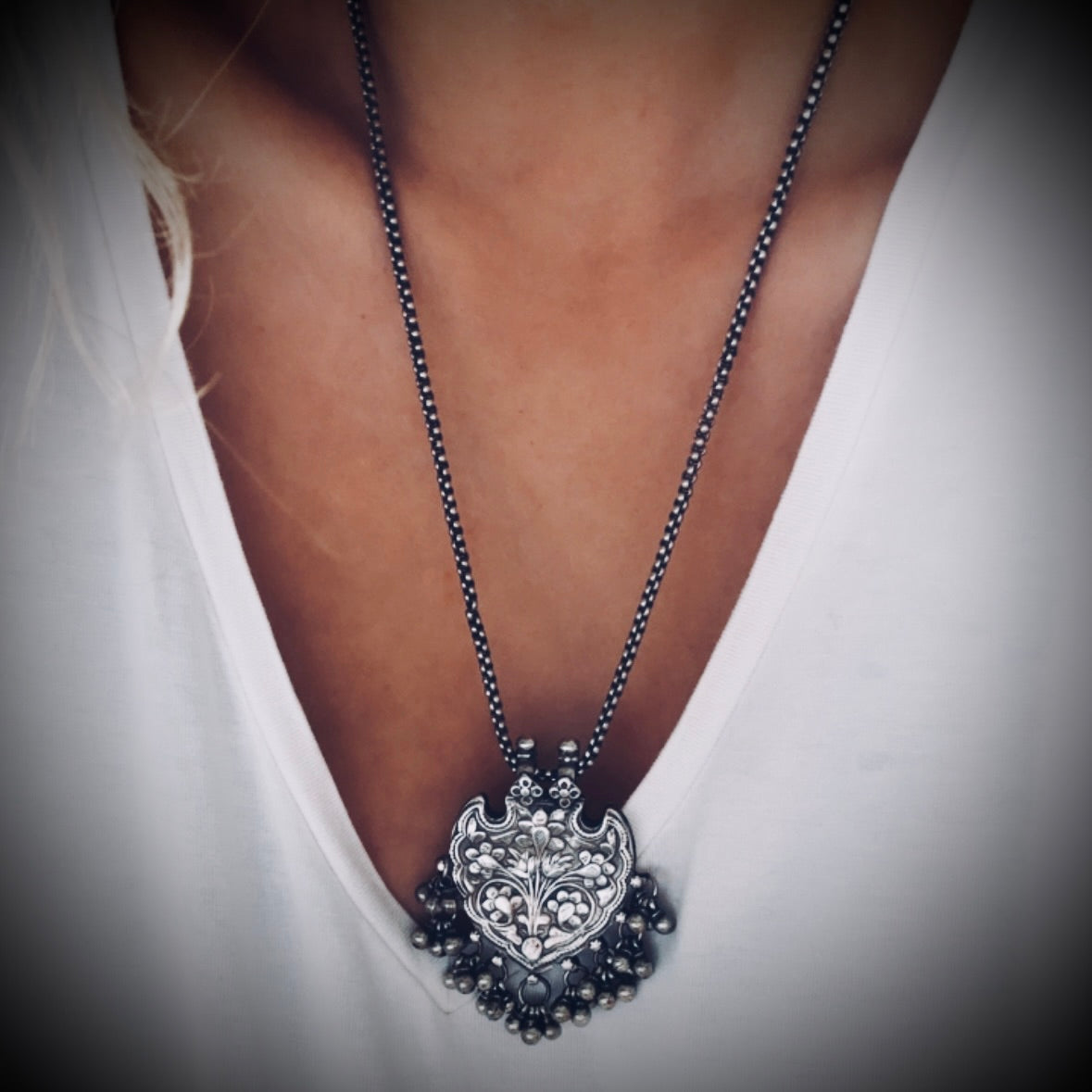 Vintage large silver patterned talisman pendant with bells on 22” adjustable chain