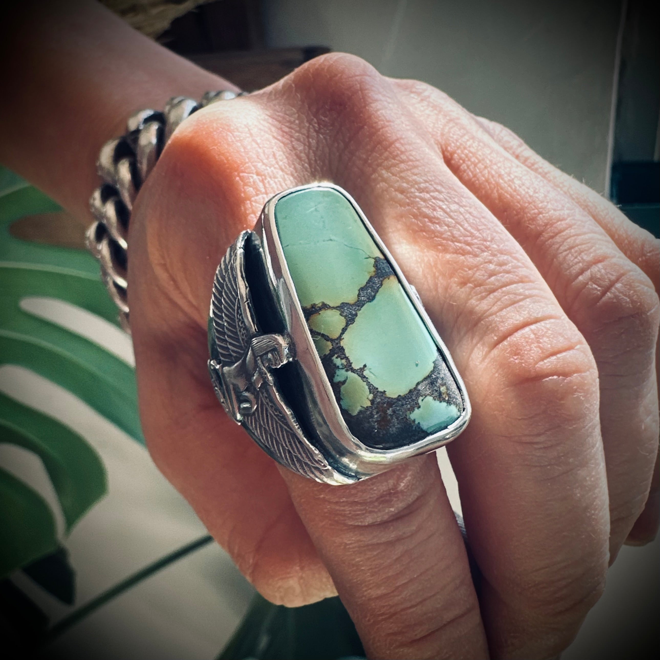 Size 9 (R 1/2) Sterling silver hallmarked turquoise winged Isis ring
