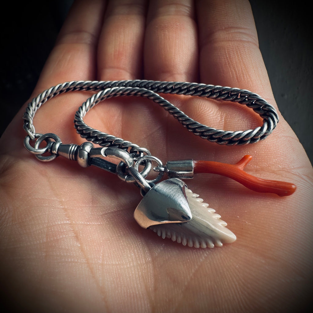 7” Antique sterling silver guard chain bracelet with Albert clip, fossil shark tooth and coral