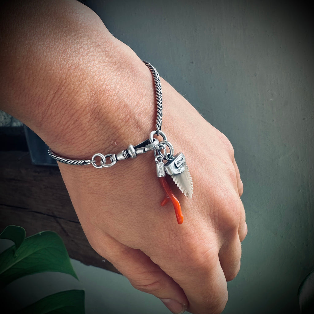 7” Antique sterling silver guard chain bracelet with Albert clip, fossil shark tooth and coral