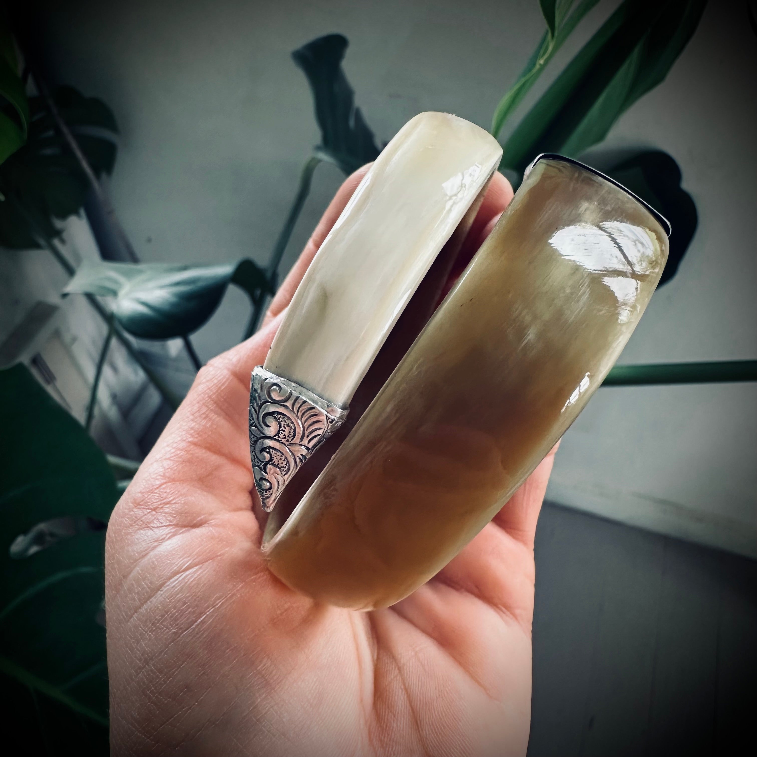 8” reworked butterscotch horn bangle in hallmarked engraved sterling silver