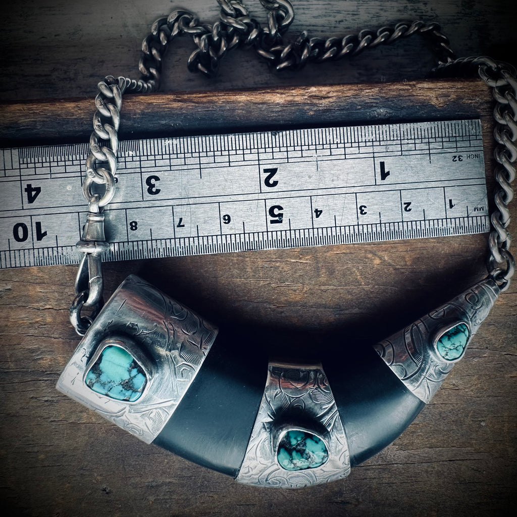 Sterling silver hallmarked black horn style necklace with reclaimed nugget turquoise and antique heavy albert chain - 17 1/2” total length