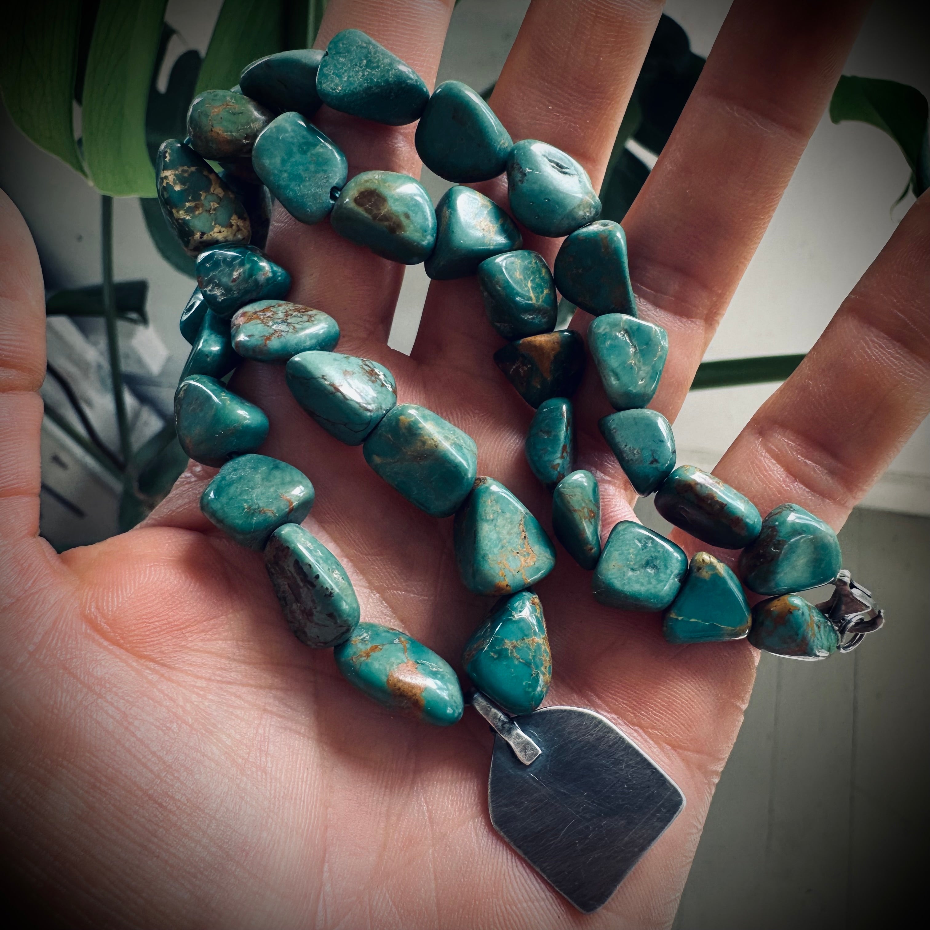 15” reworked chunky turquoise bead necklace with spiritual talisman in sterling silver