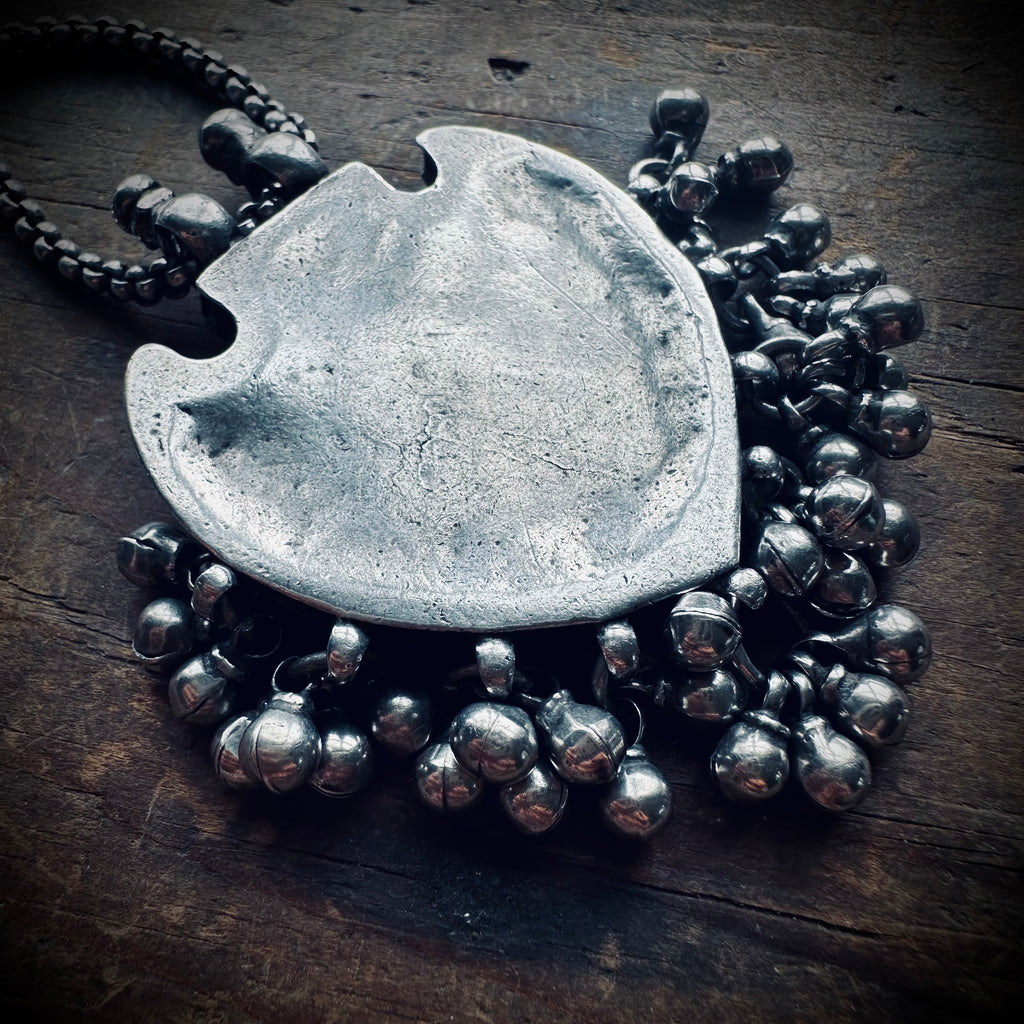 Vintage large silver patterned talisman pendant with bells on 22” adjustable chain