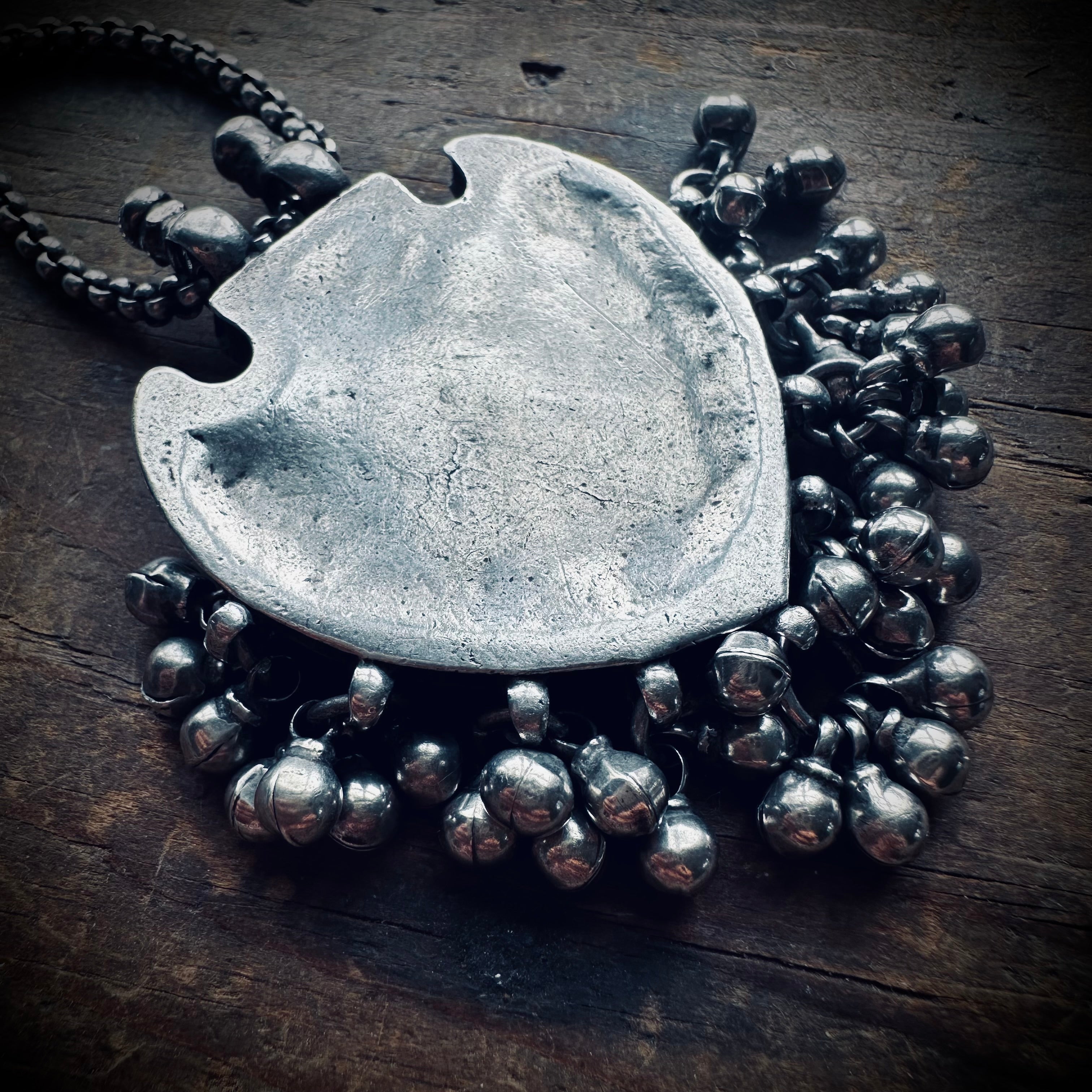 Vintage large silver patterned talisman pendant with bells on 22” adjustable chain