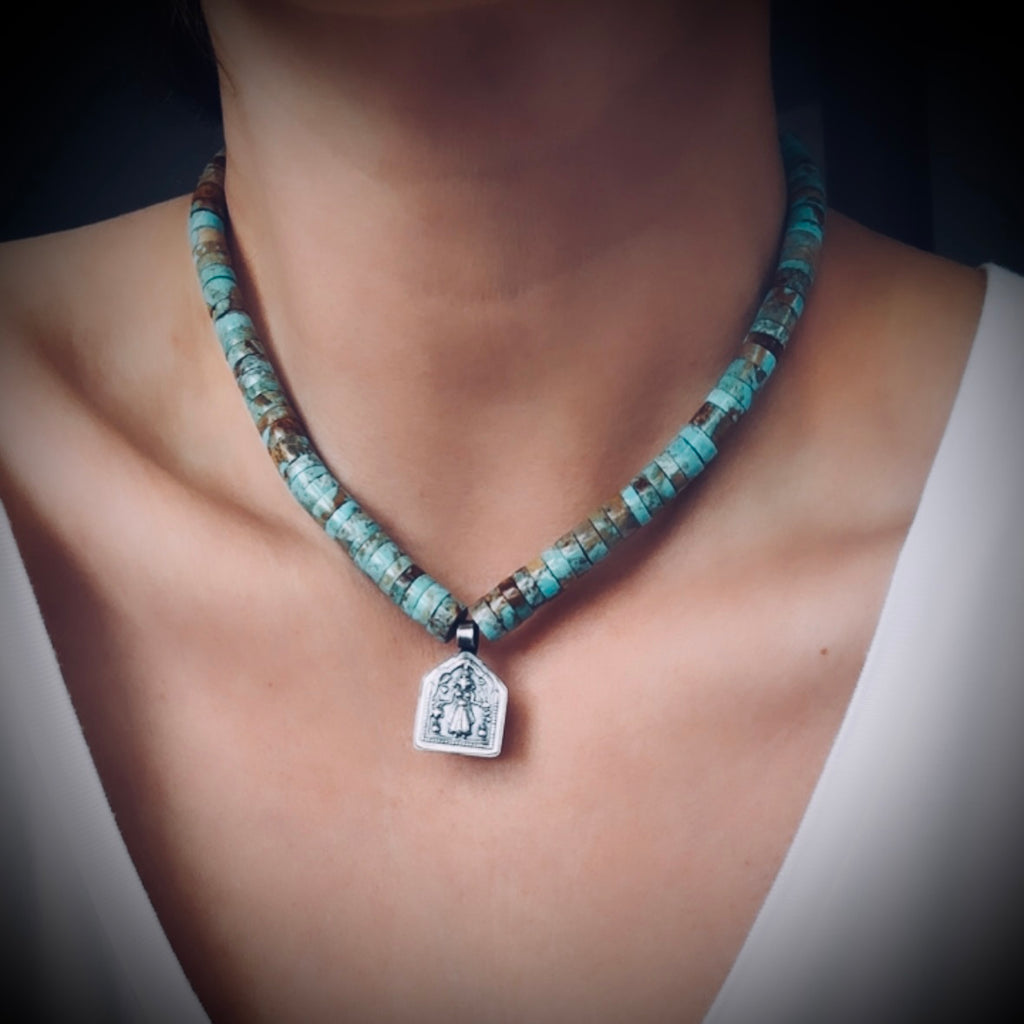 15” reworked chunky turquoise bead necklace with spiritual talisman in sterling silver