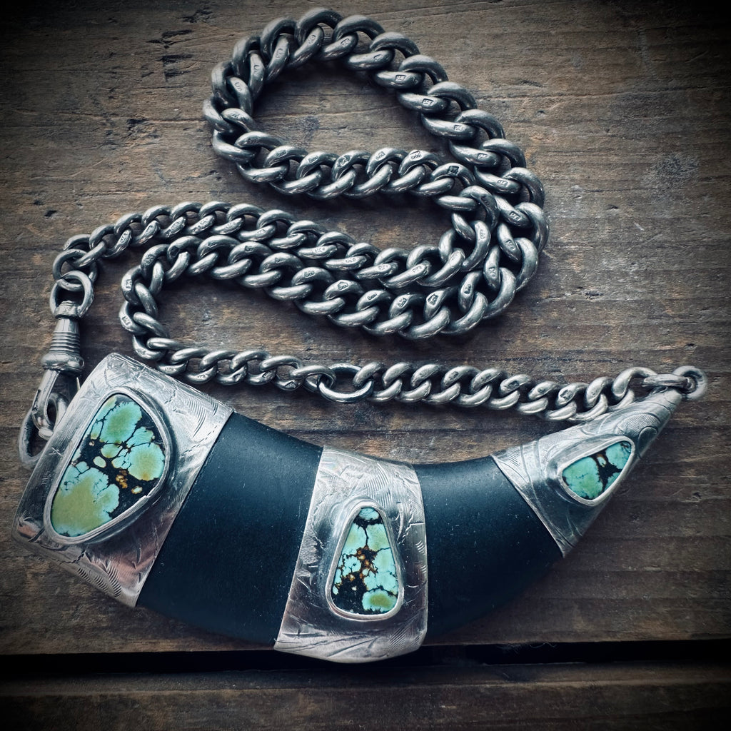 20” onyx tusk necklace in hallmarked sterling silver with turquoise and vintage chain
