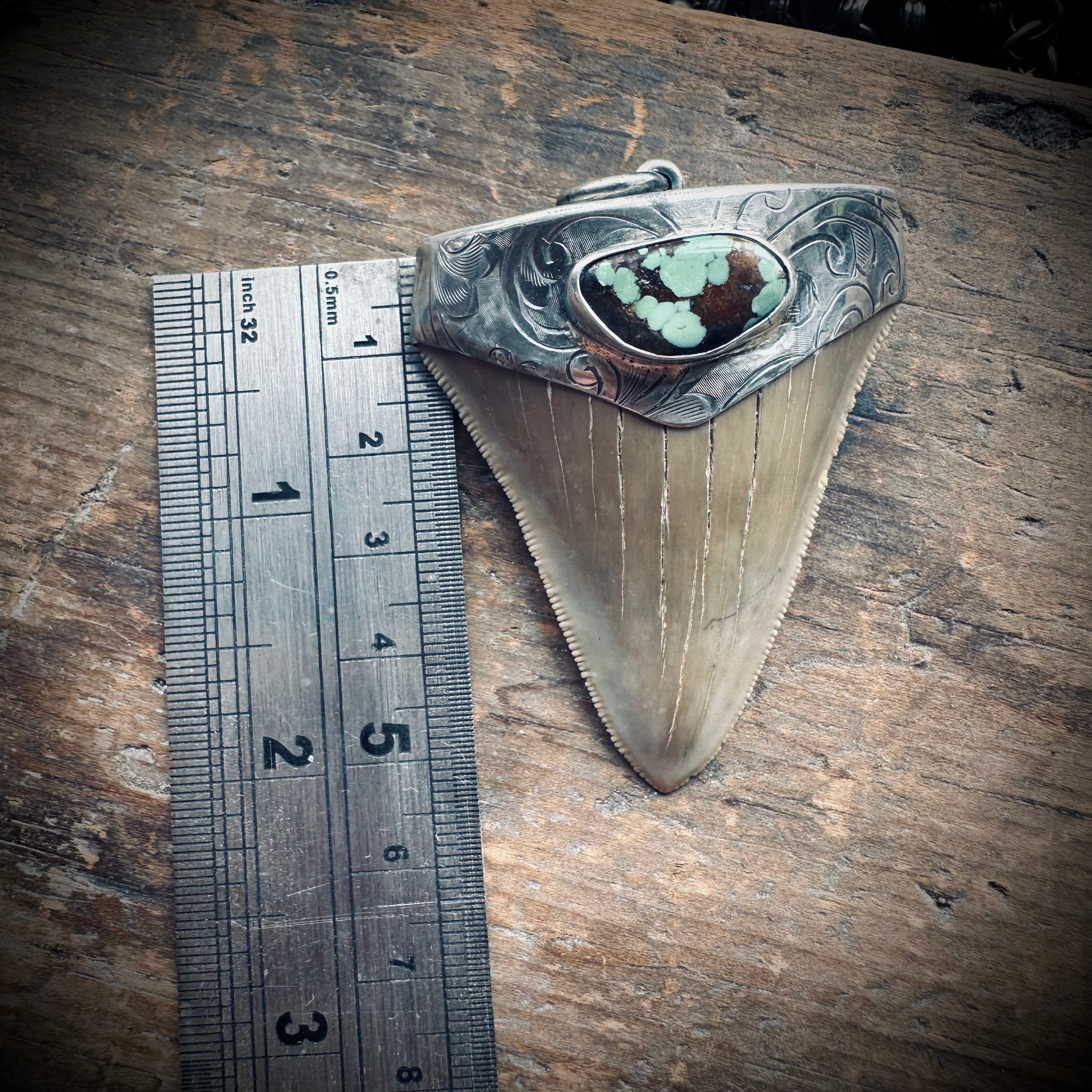 Fossilised shark tooth pendant in engraved hallmarked sterling silver