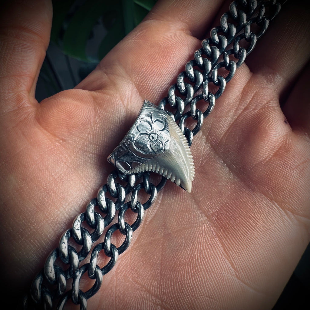 7.5” reworked double chain fossilised tooth bracelet in hallmarked engraved sterling silver with antique clip