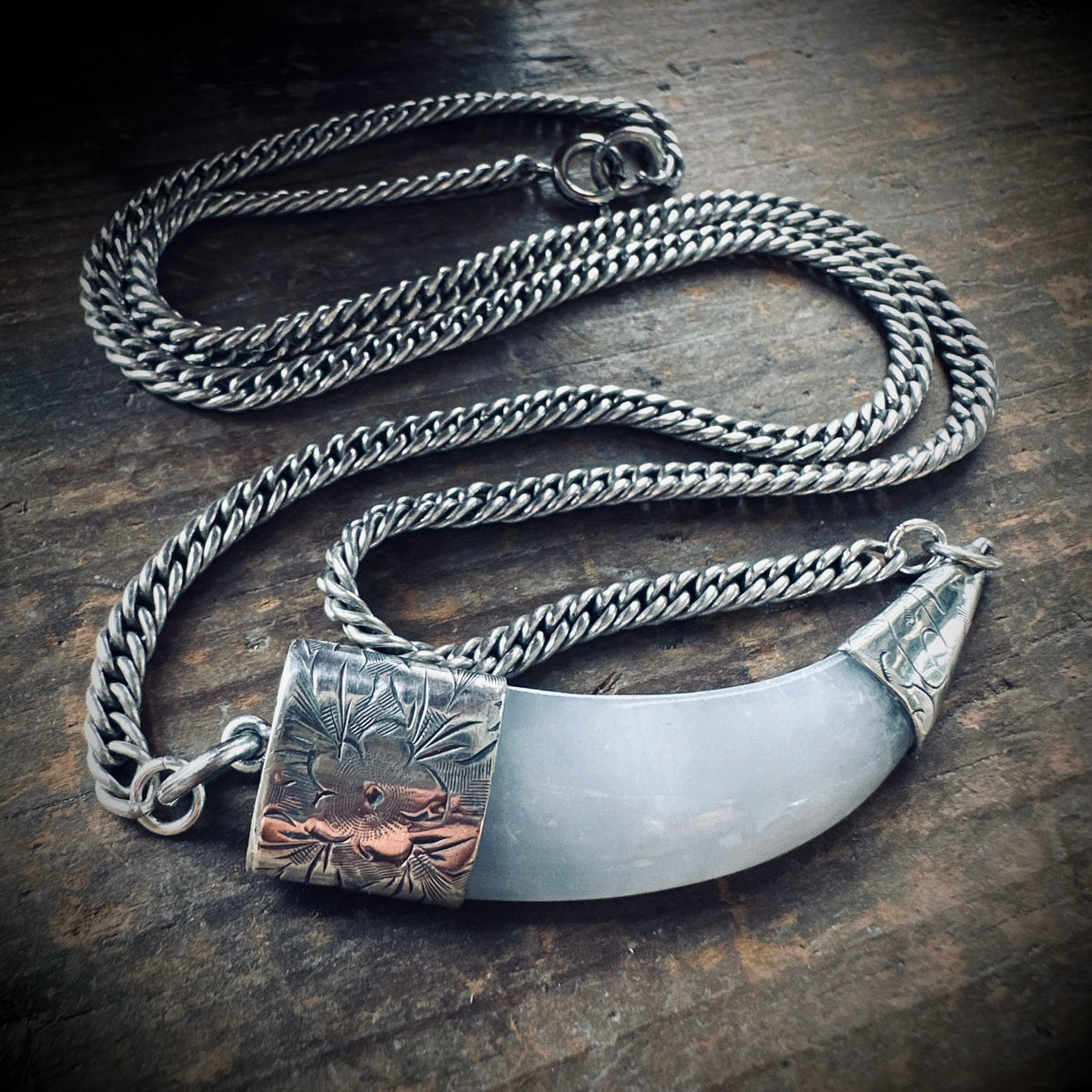 2” grey agate “tusk” on 20” antique guard chain in sterling silver