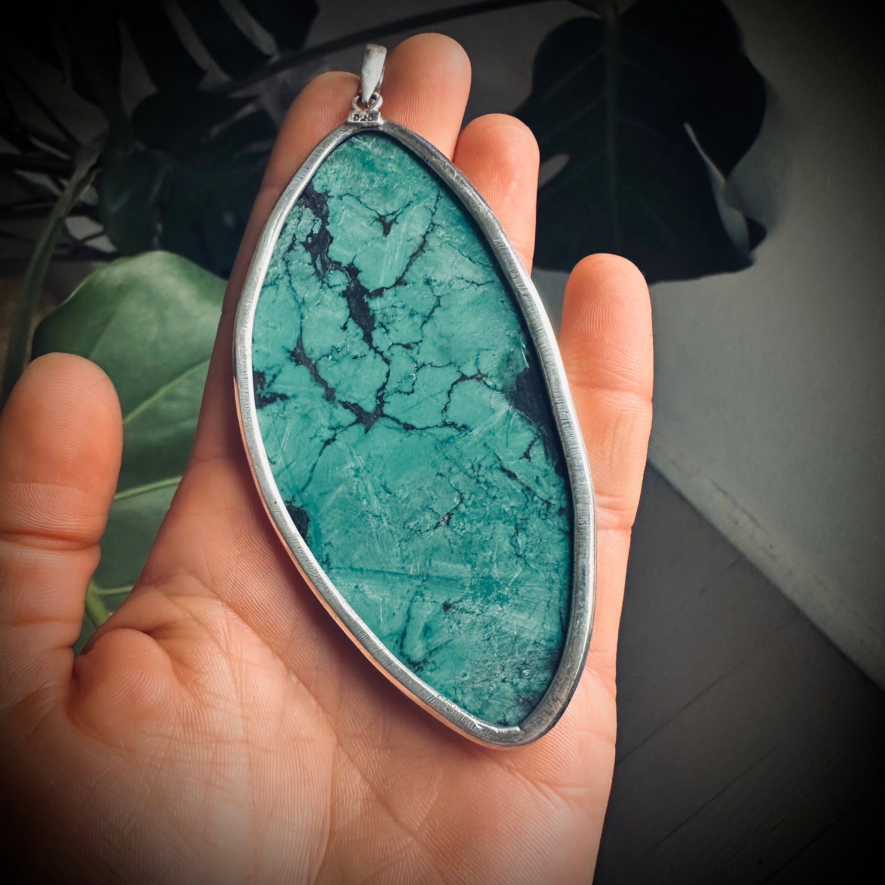 XL vintage freeform turquoise slab pendant in open backed sterling silver setting