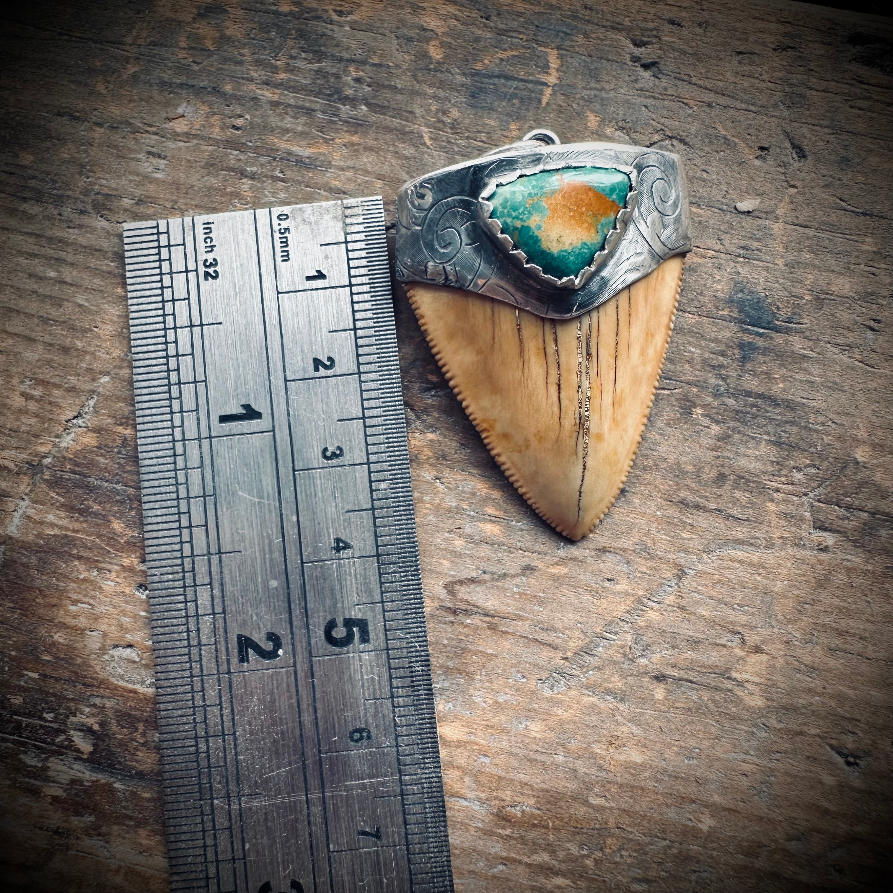 Fossilised shark tooth pendant in engraved hallmarked sterling silver