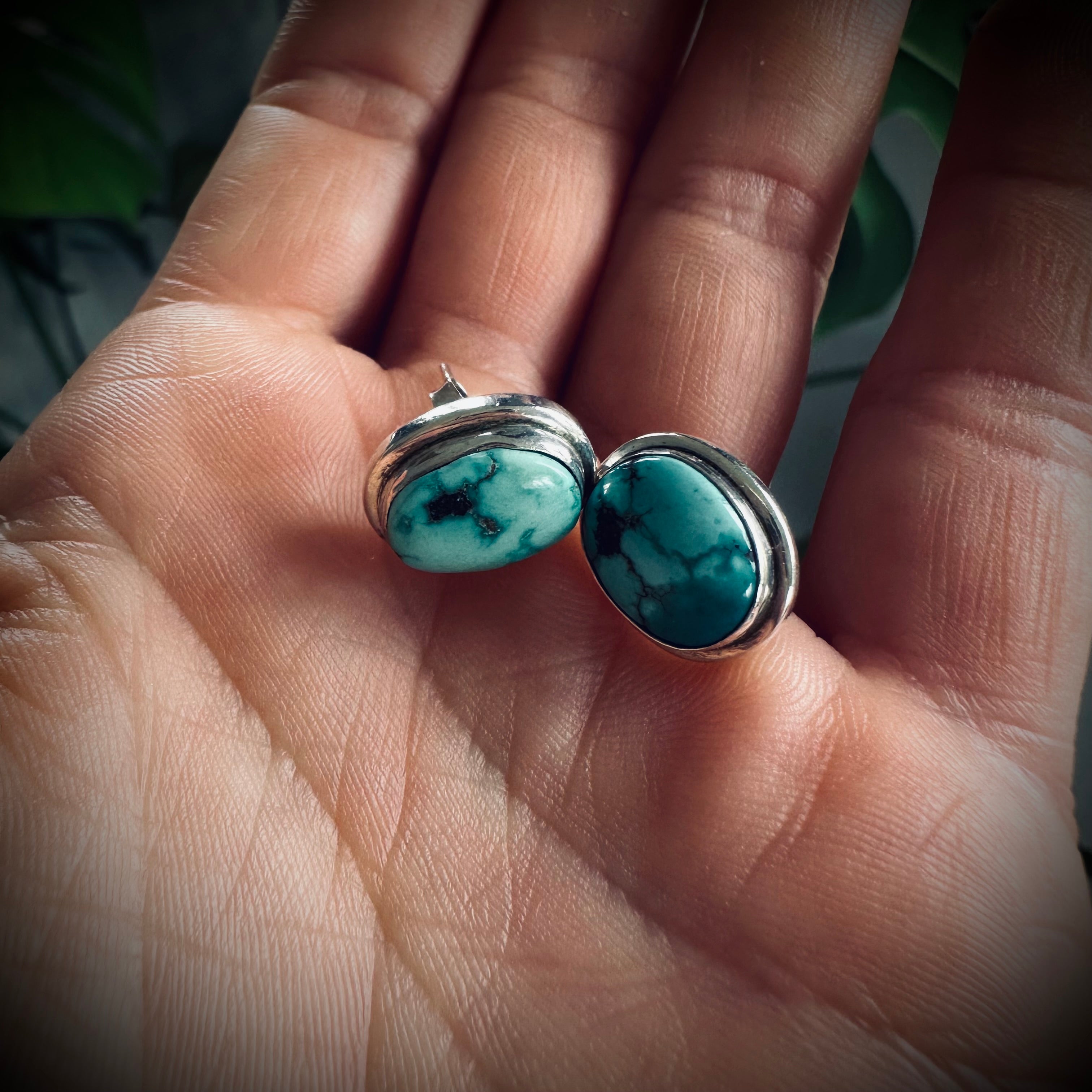 Vintage large turquoise stud earrings in sterling silver