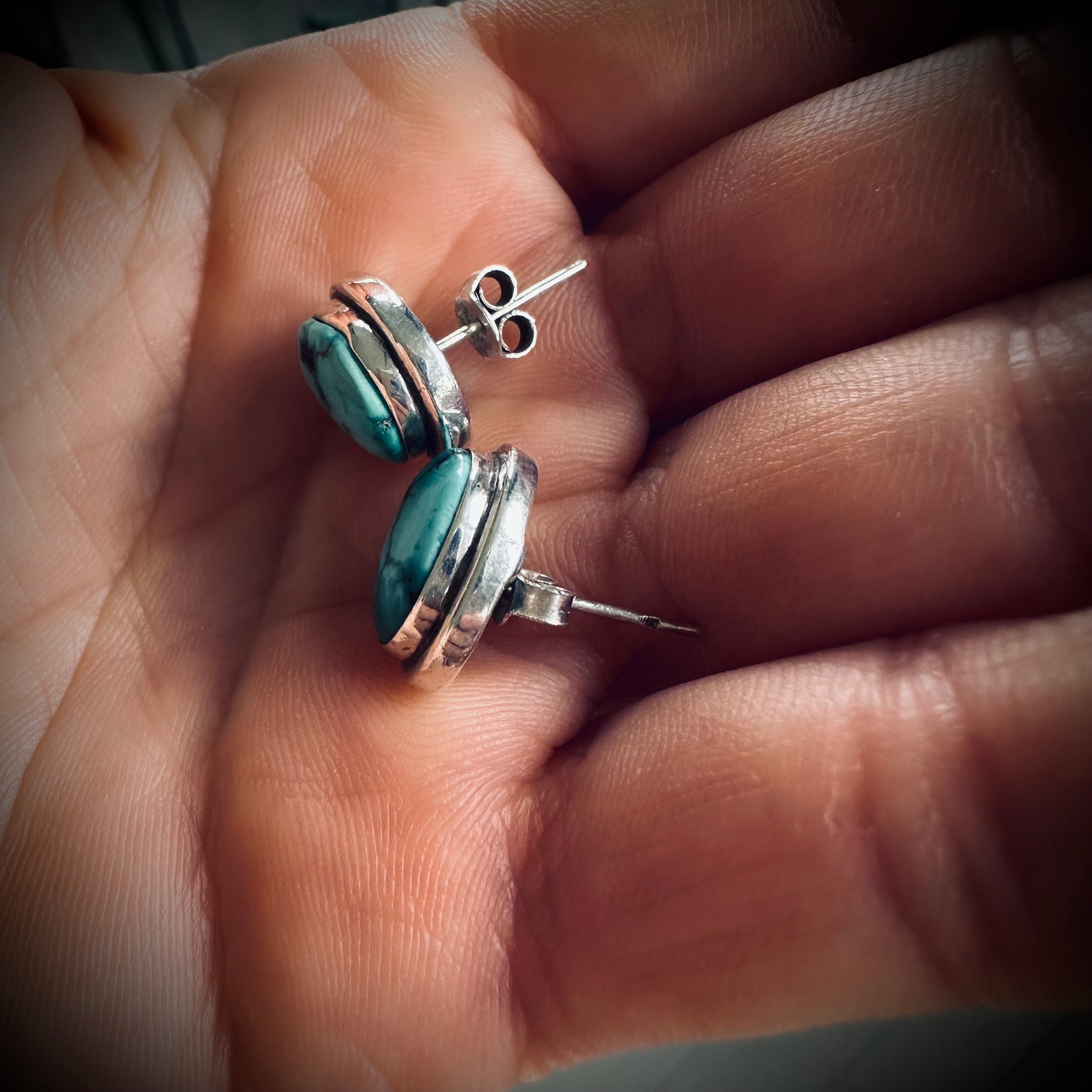 Vintage large turquoise stud earrings in sterling silver