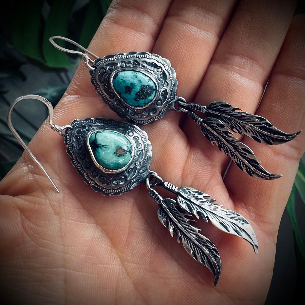 Vintage large statement feather earrings with turquoise in sterling silver