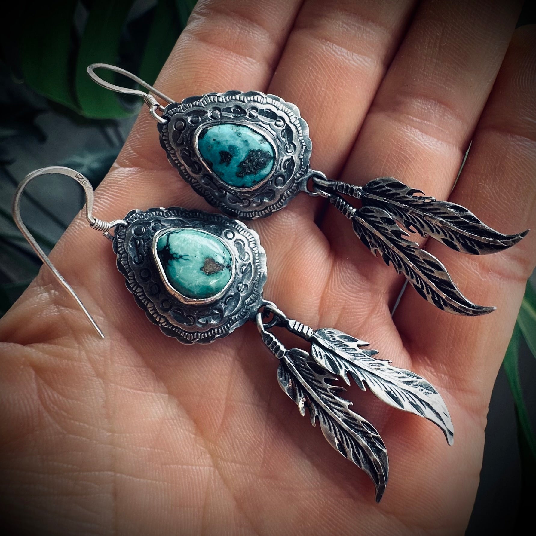 Vintage large statement feather earrings with turquoise in sterling silver