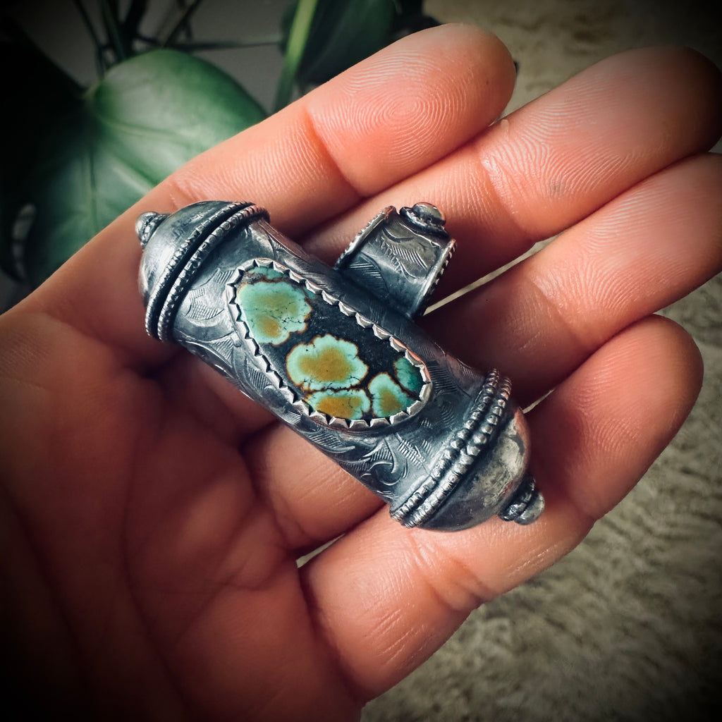 Handmade GS hallmarked sterling silver chunky prayer box pendant with turquoise