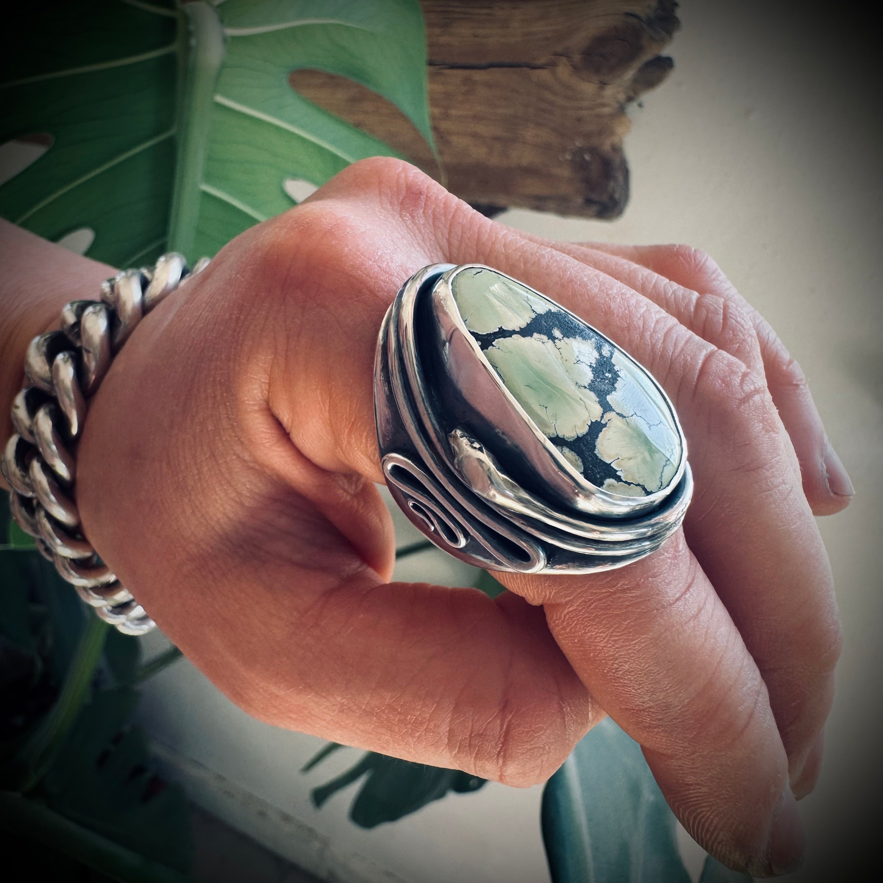 Size 8.5 (Q 1/2) Sterling silver hallmarked double wrapped snake and turquoise ring