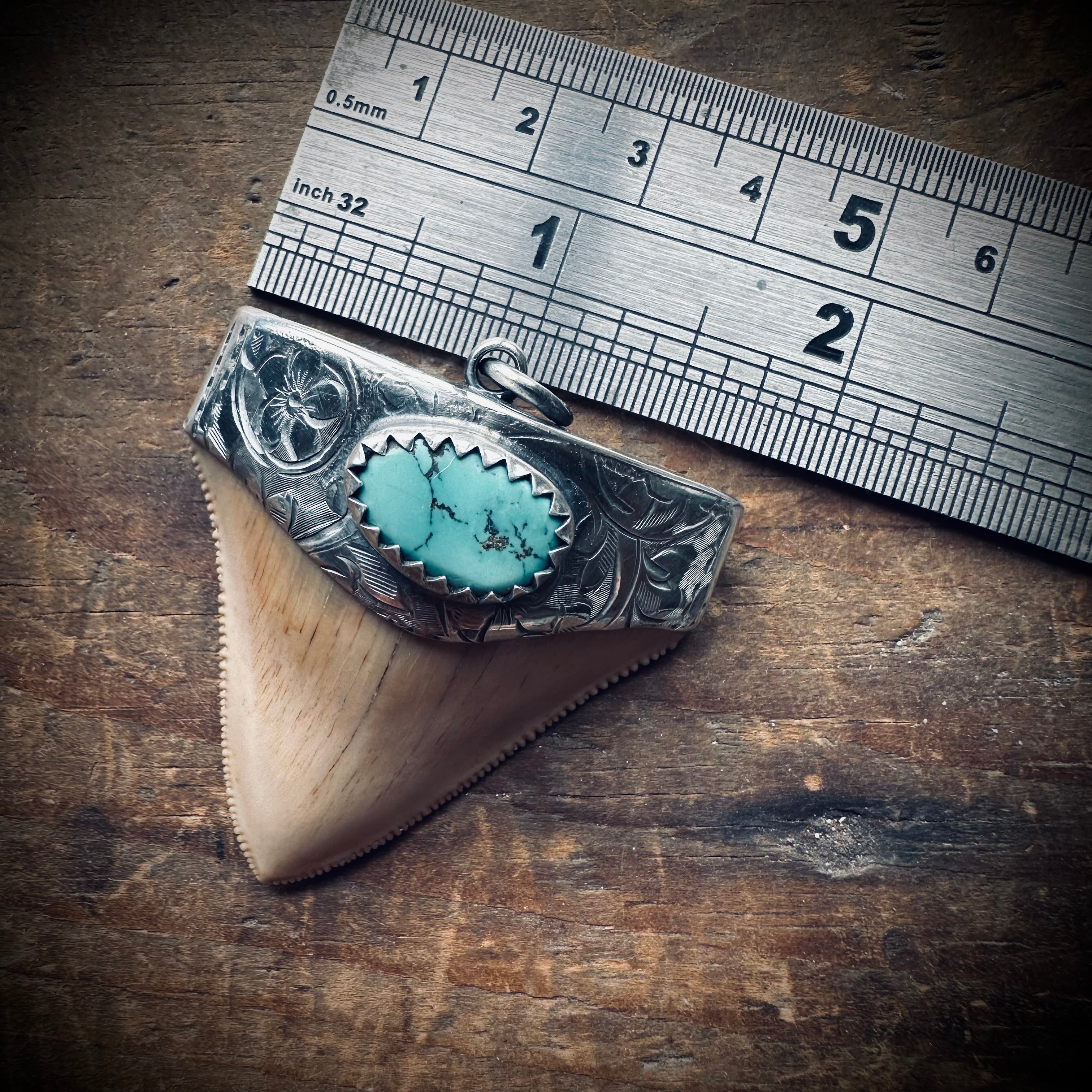 Large fossilised shark tooth pendant in hallmarked sterling silver with turquoise