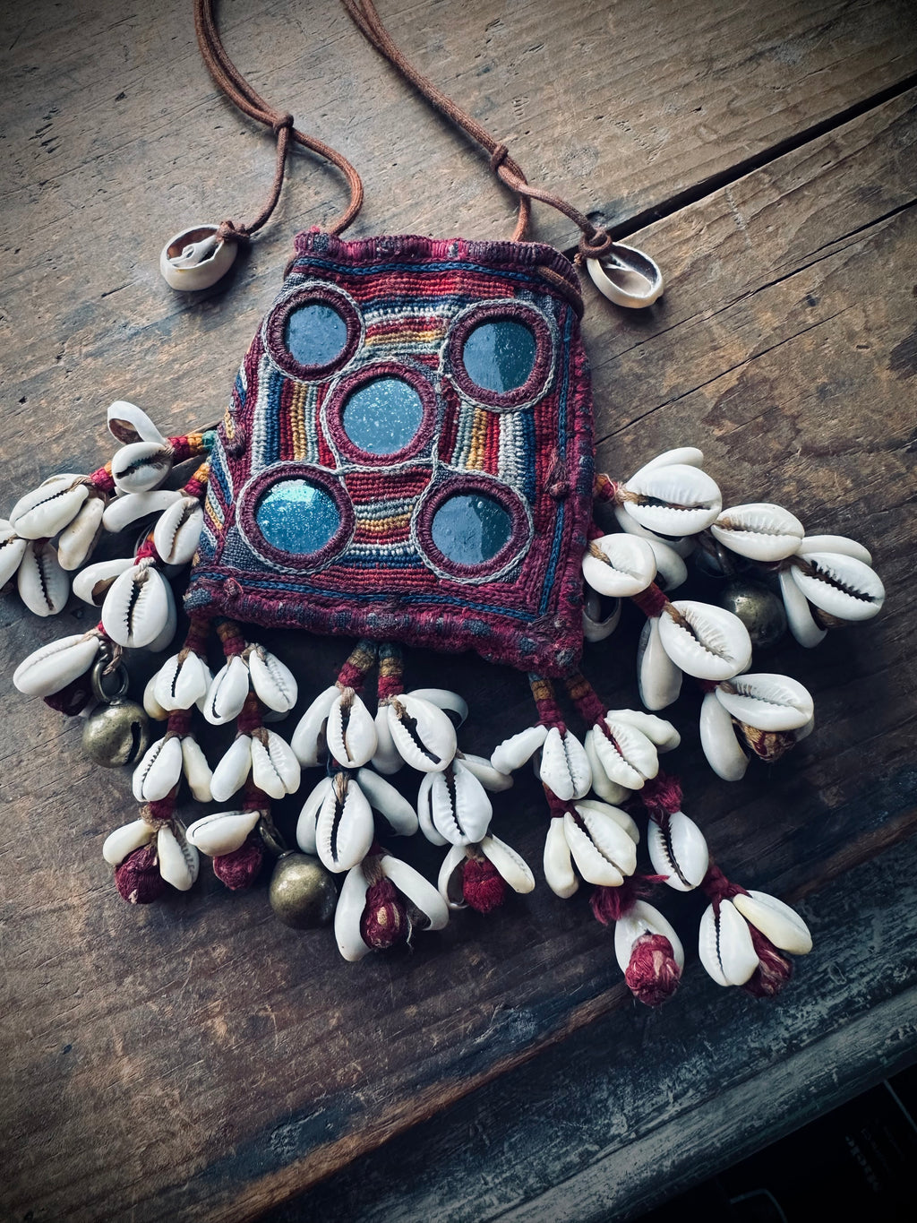 3”x3” Beautiful banjara mini pouch/purse on adjustable string with cowries