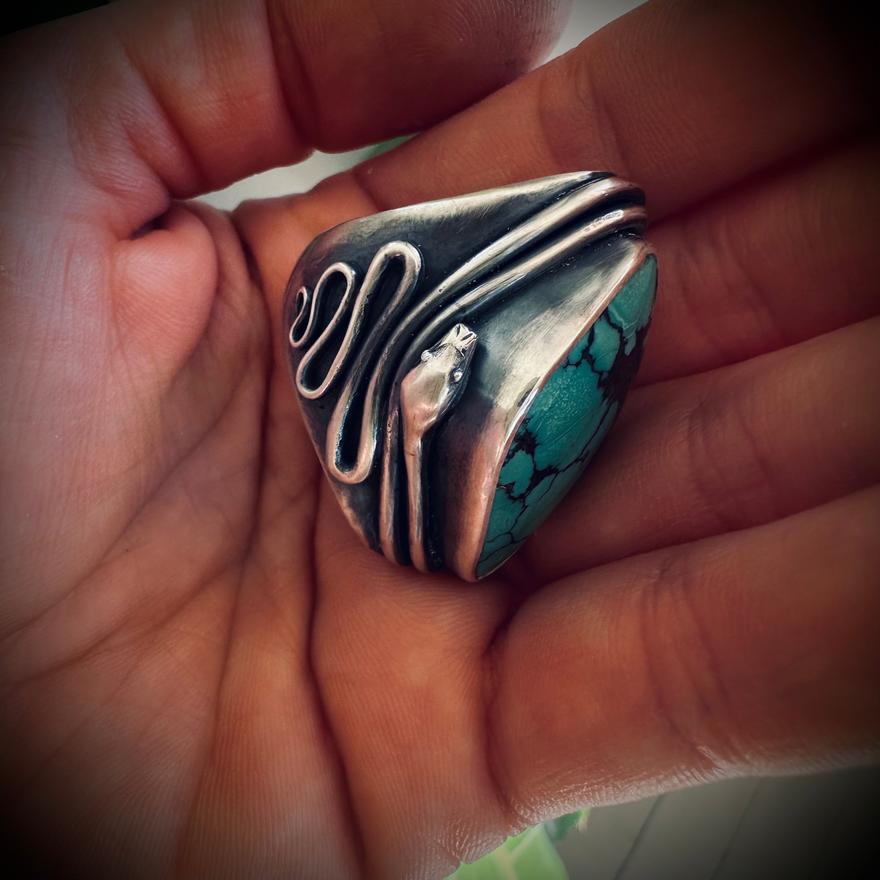 Size 7.5 (O) Sterling silver hallmarked double wrapped snake and turquoise ring