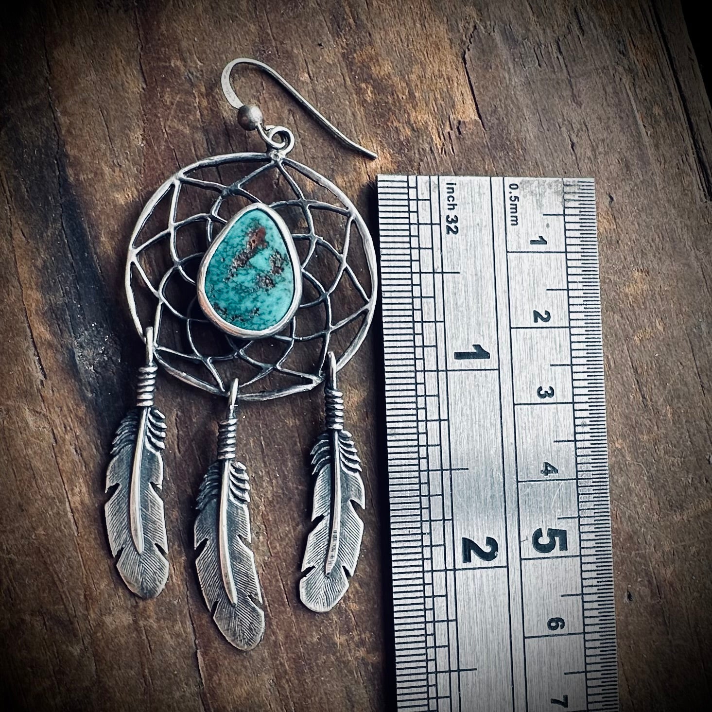 Vintage large statement dreamcatcher feather earrings with turquoise in sterling silver