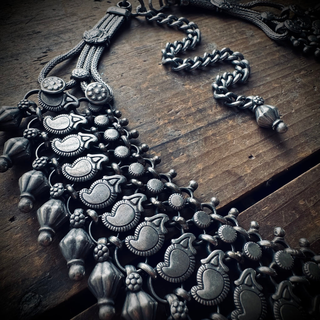 248g 16” + 6” extender big heavy Indian vintage bib necklace with chunky bolt ring in sterling silver