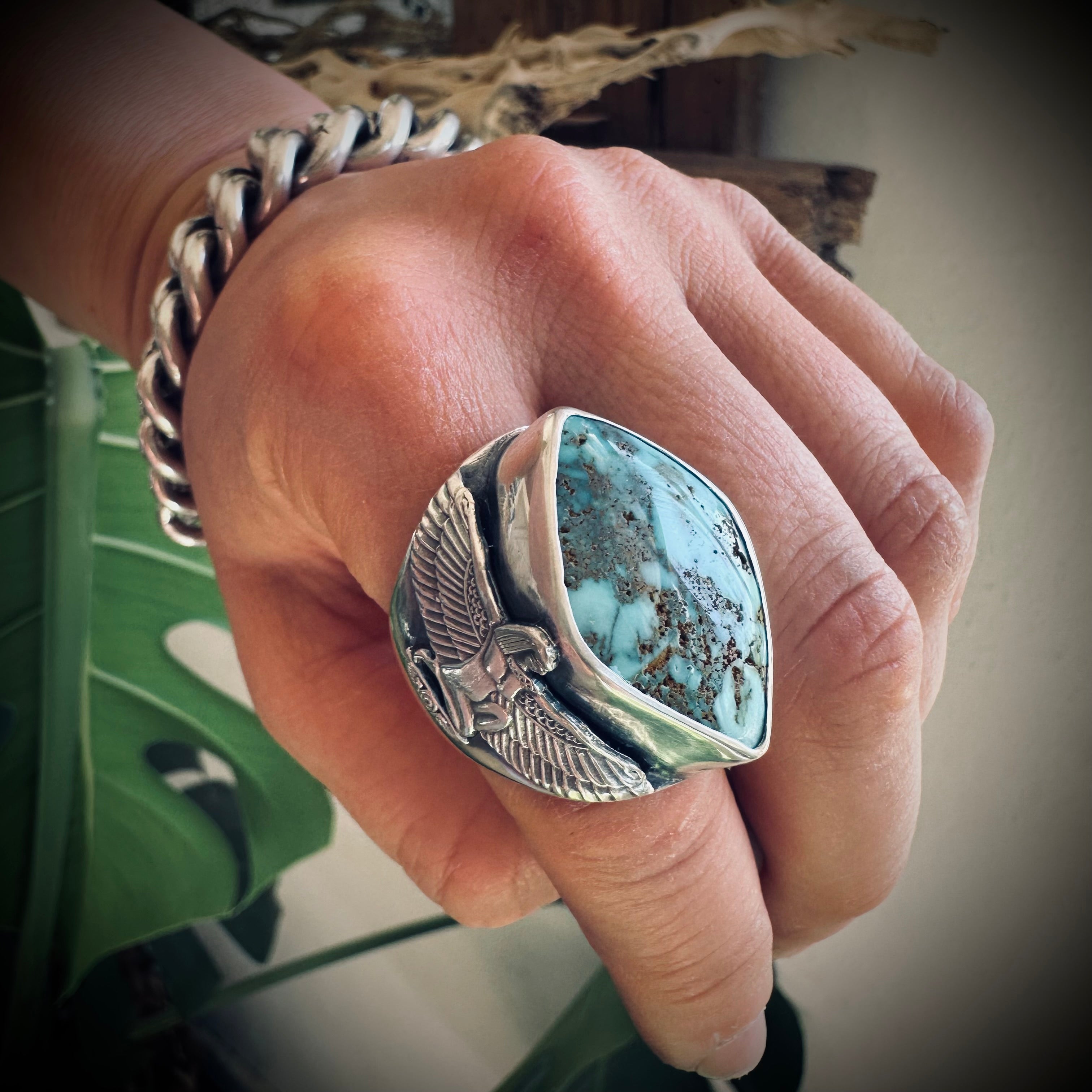 Size 8 (P 1/2) Sterling silver hallmarked turquoise winged Isis ring