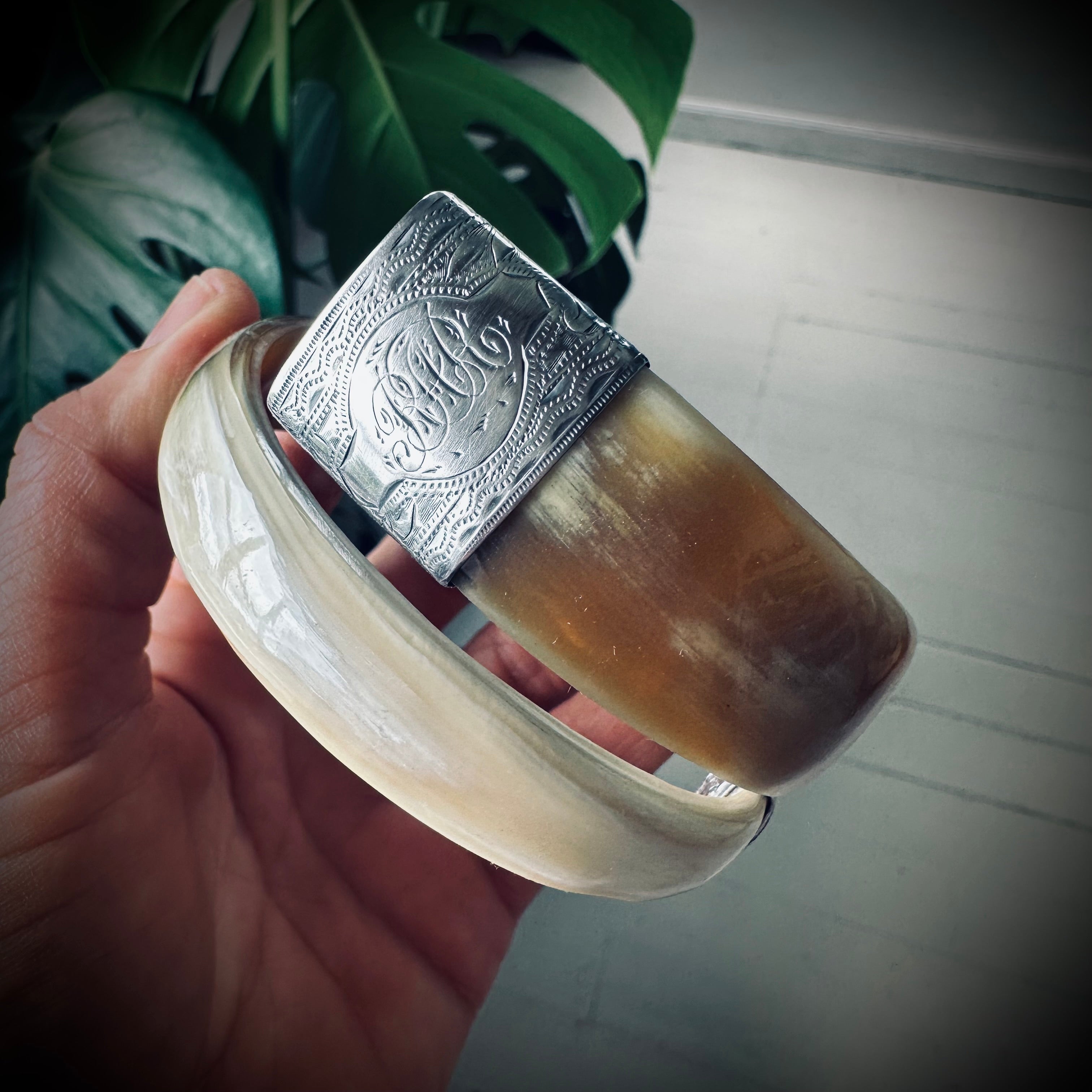 8” reworked butterscotch horn bangle in hallmarked engraved sterling silver
