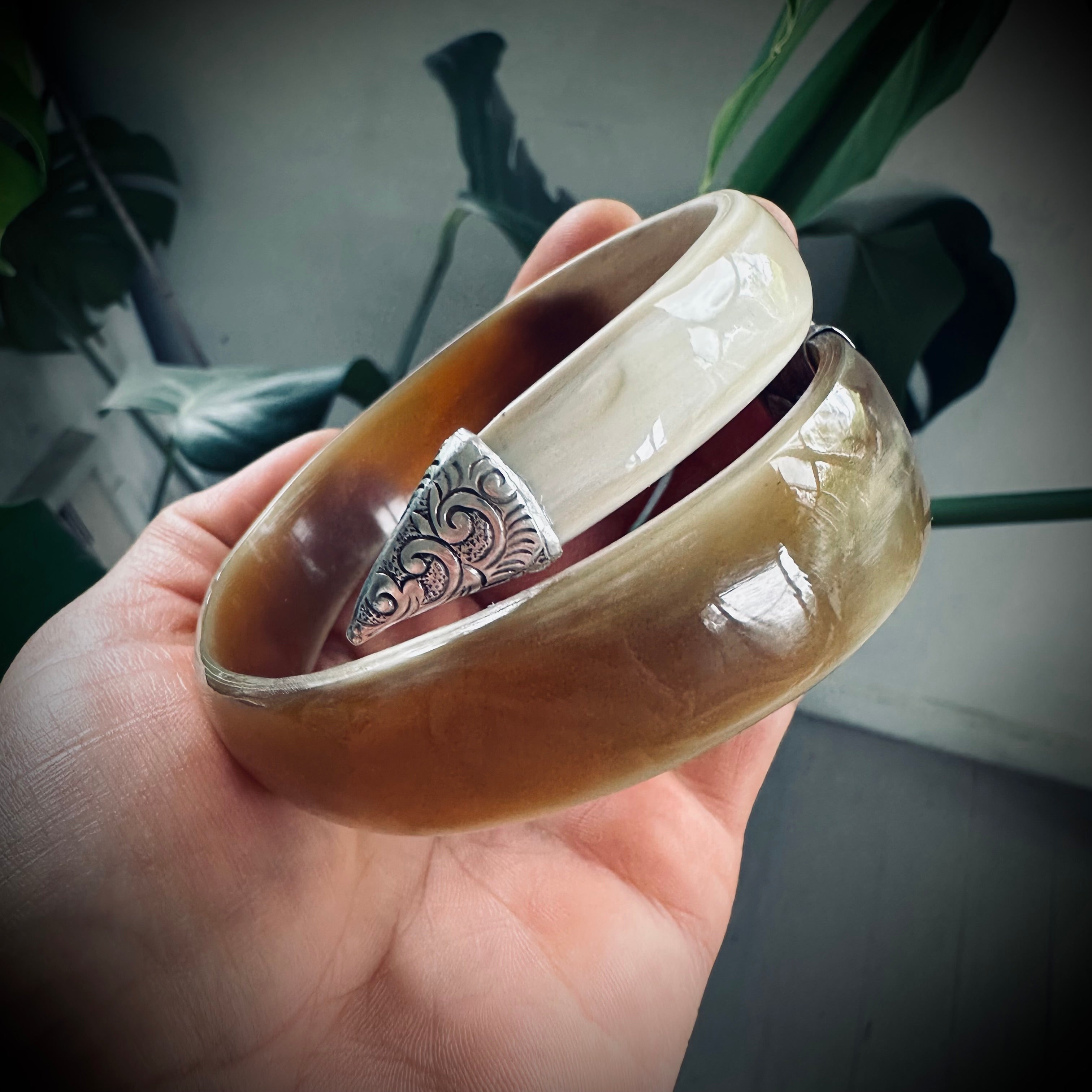 8” reworked butterscotch horn bangle in hallmarked engraved sterling silver